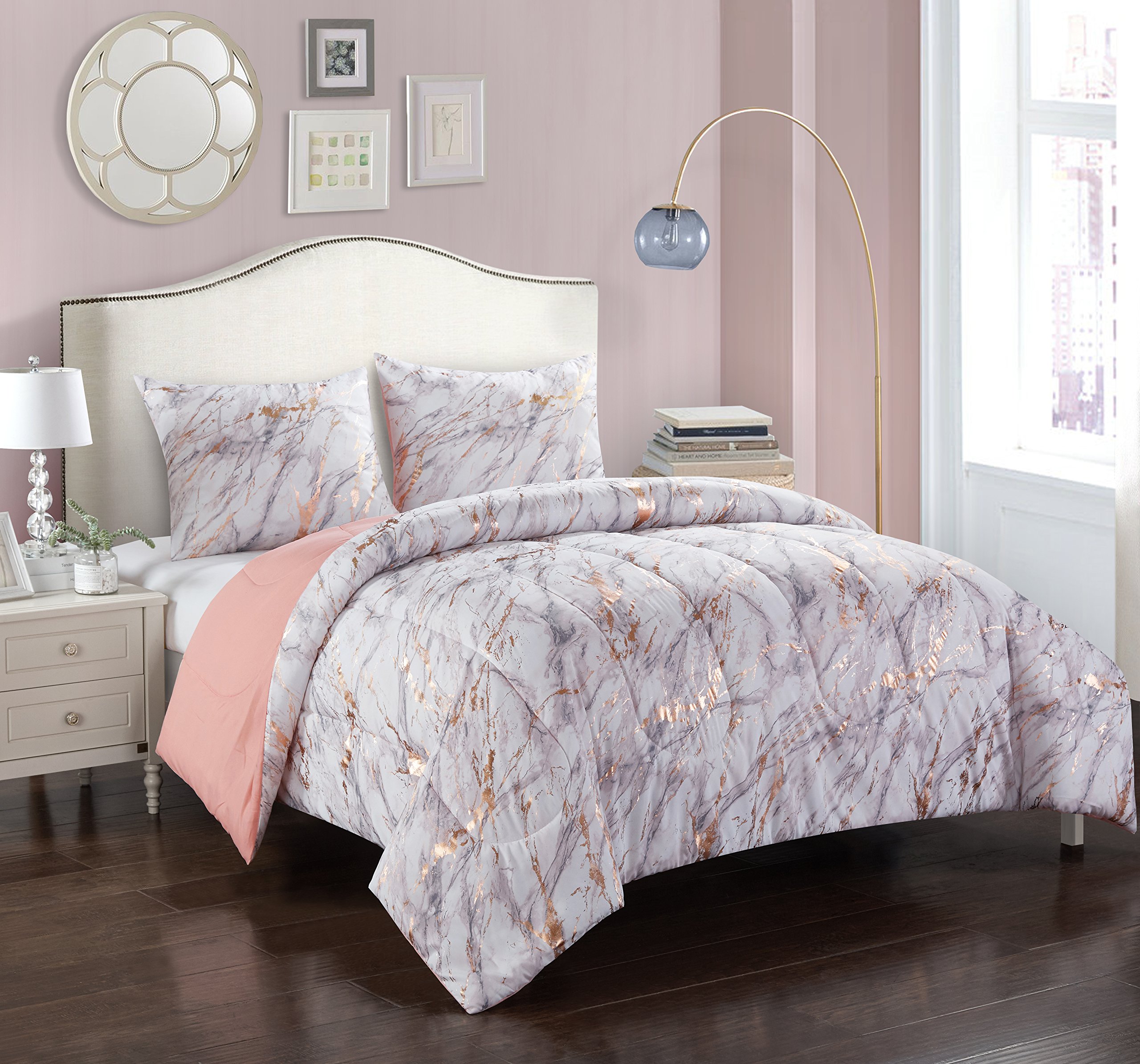 Pop Shop Marble Comforter Set Full/Queen Size - Rose Gold Luxury Bedding for Modern Bedrooms | Soft & Stylish Duvet Cover Set for Home Decor