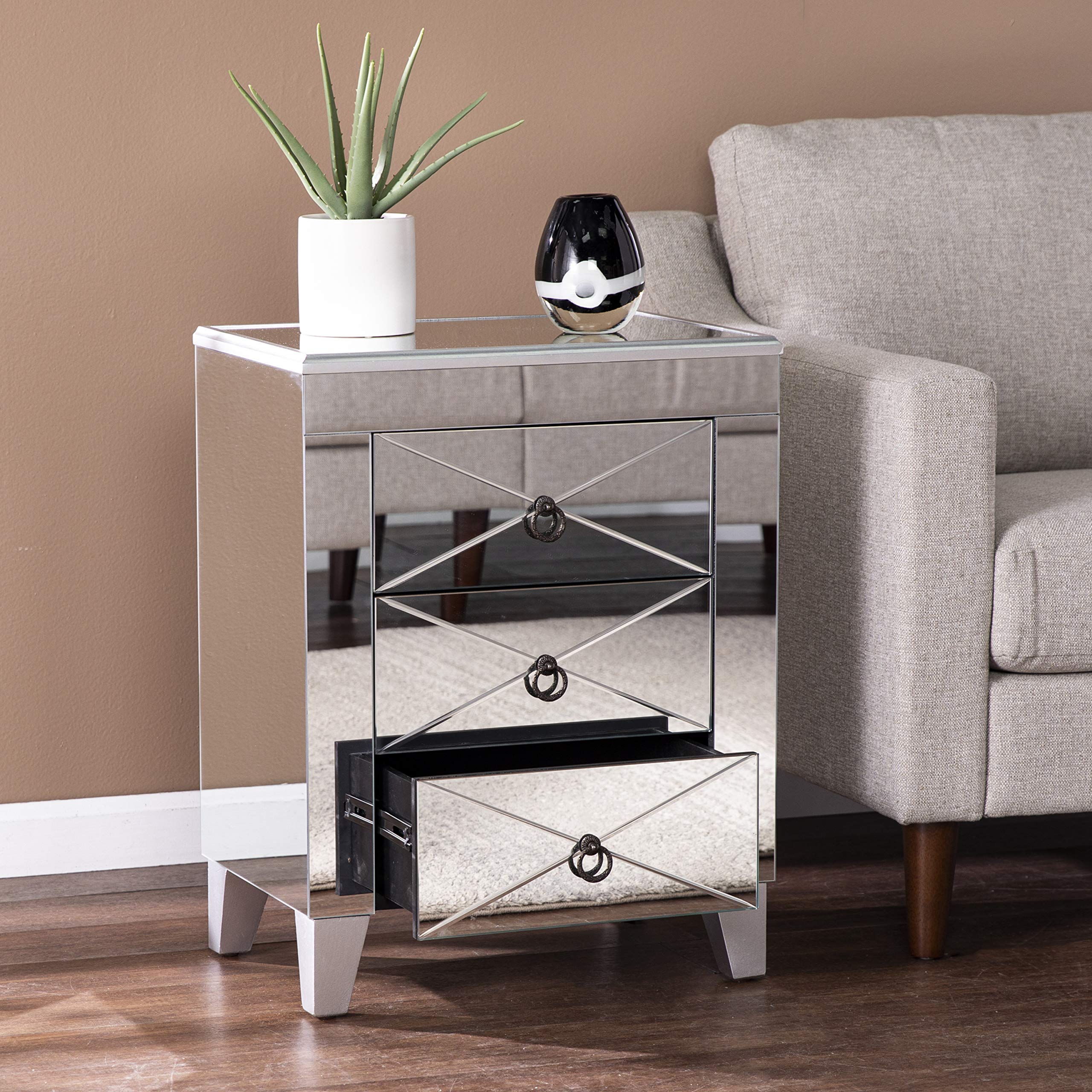 SEI Furniture Cresheim Silver Mirrored End Table with Drawers - Elegant Nightstand for Bedroom, Living Room, or Entryway Décor