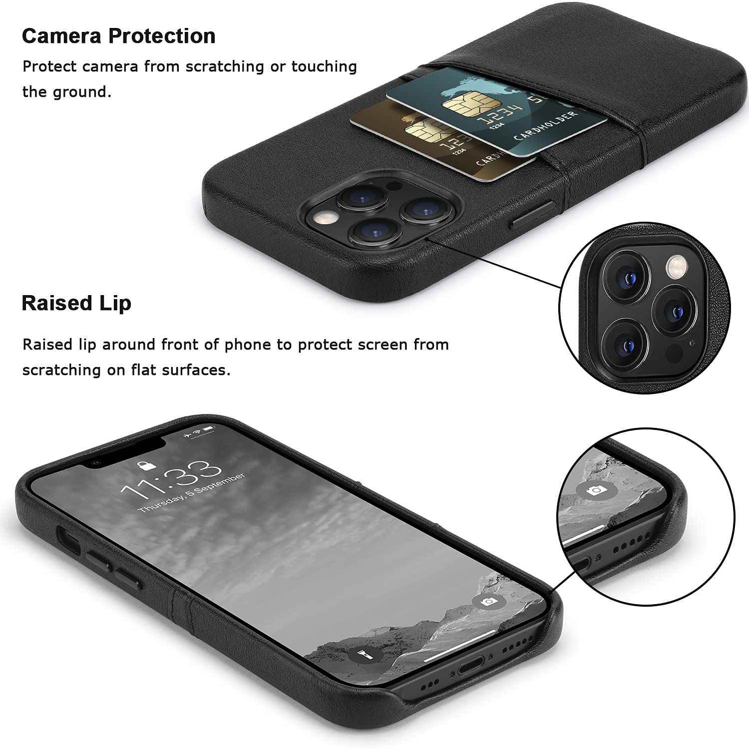 Premium Leather Wallet Case for iPhone 13 Pro Max (6.7-inch) - 2 Card Holder Slots | Slim Protective Cover with RFID Blocking | Perfect for Business, Travel & Everyday Use (Black, 2021 Model)
