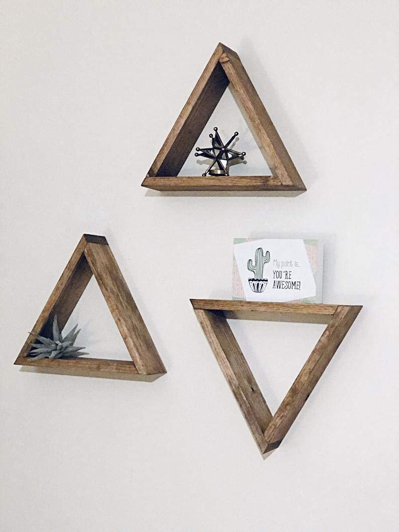 Farmhouse Triangle Shelves - Rustic Wood Floating Shelves for Wall Decor, Geometric Shadow Box Display Shelf - Perfect for Bathroom, Kitchen, Bedroom & Living Room Storage