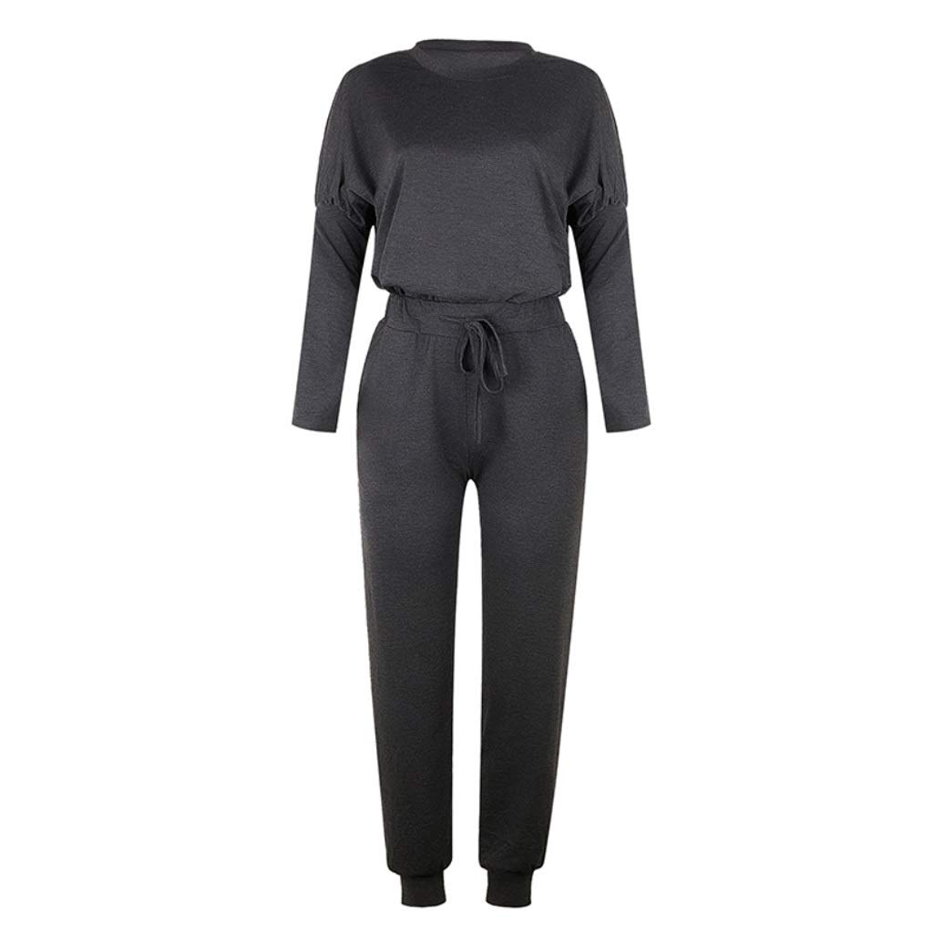 UXZDX Women's Solid Color Long Sleeve O-Neck Blouse & Drawstring Pants Sport Tracksuit Set - Autumn Winter Athletic Wear for Running, Yoga & Casual Outfits (Color: B, Size: Large)