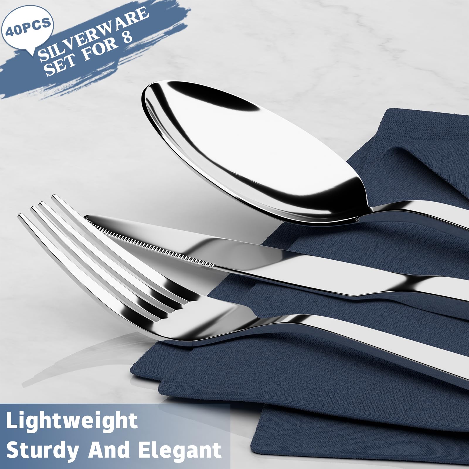 40-Piece Stainless Steel Silverware Set for 8 - Mirror Polished Flatware Cutlery Set with Spoons, Forks & Knives - Dishwasher Safe for Home, Kitchen, Restaurant & Hotel - Perfect for Dinner Parties, Catering & Everyday Dining