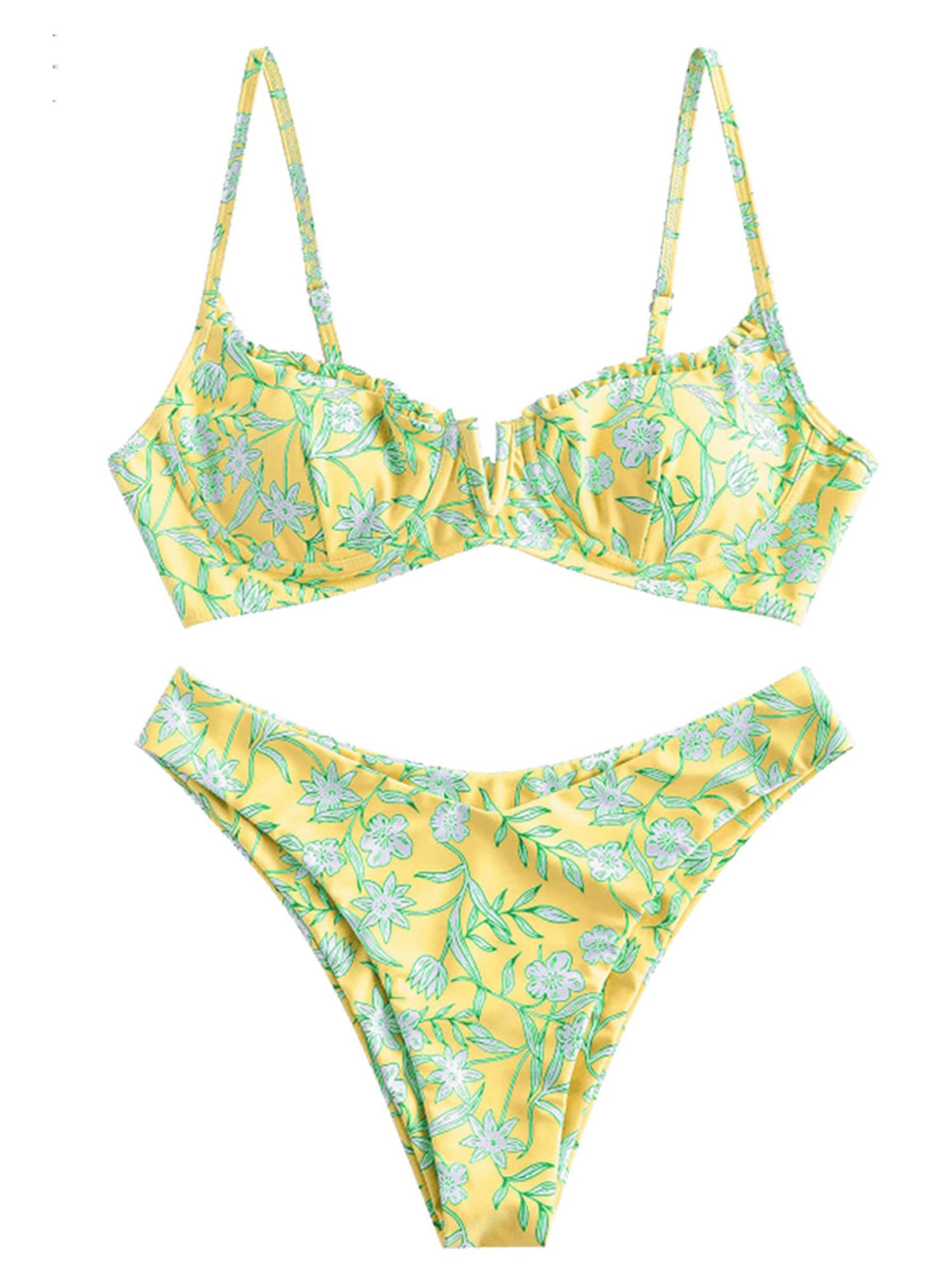 ZAFUL Floral Underwire Bikini Set - High Cut V-Wire Swimsuit for Beach & Pool