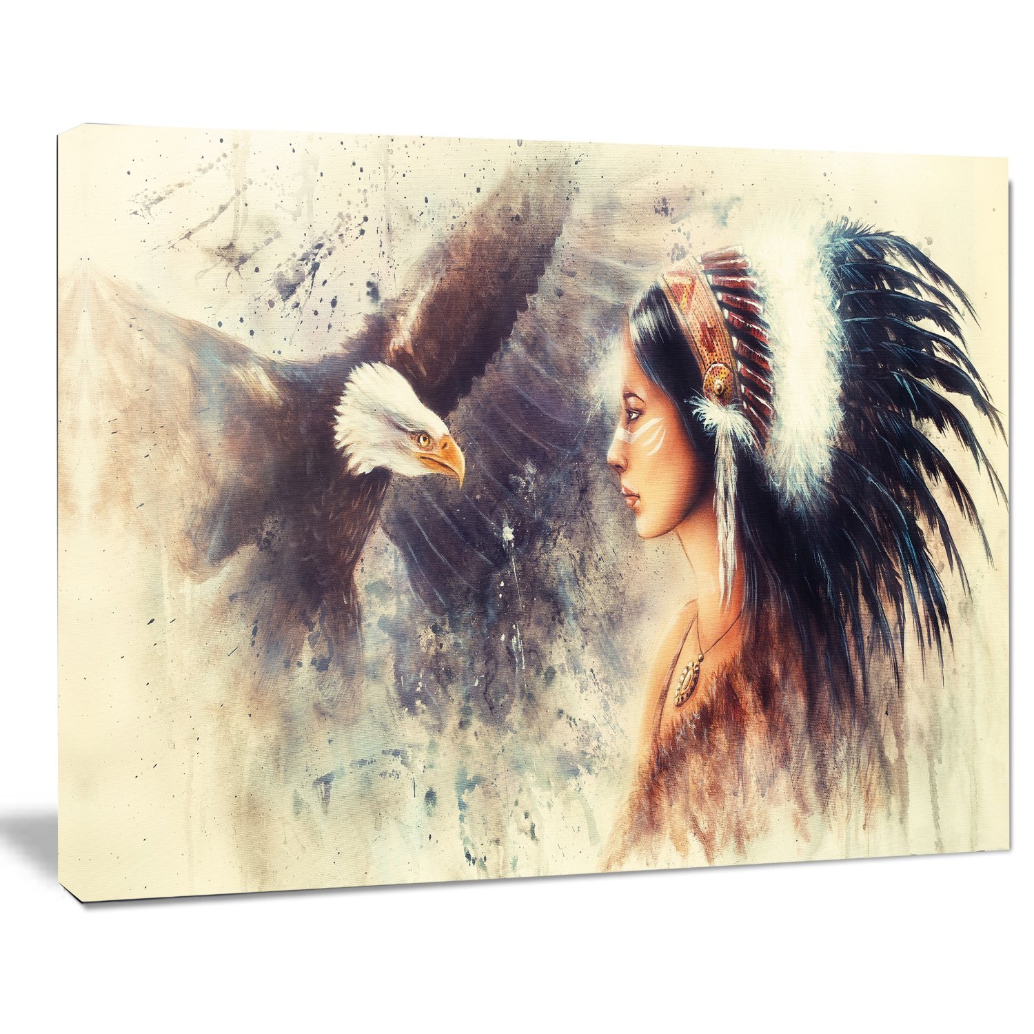 Indian Woman and Eagle Portrait Canvas Art Print - Stunning Wall Decor for Living Room, Bedroom & Office | Handmade Tribal Artwork