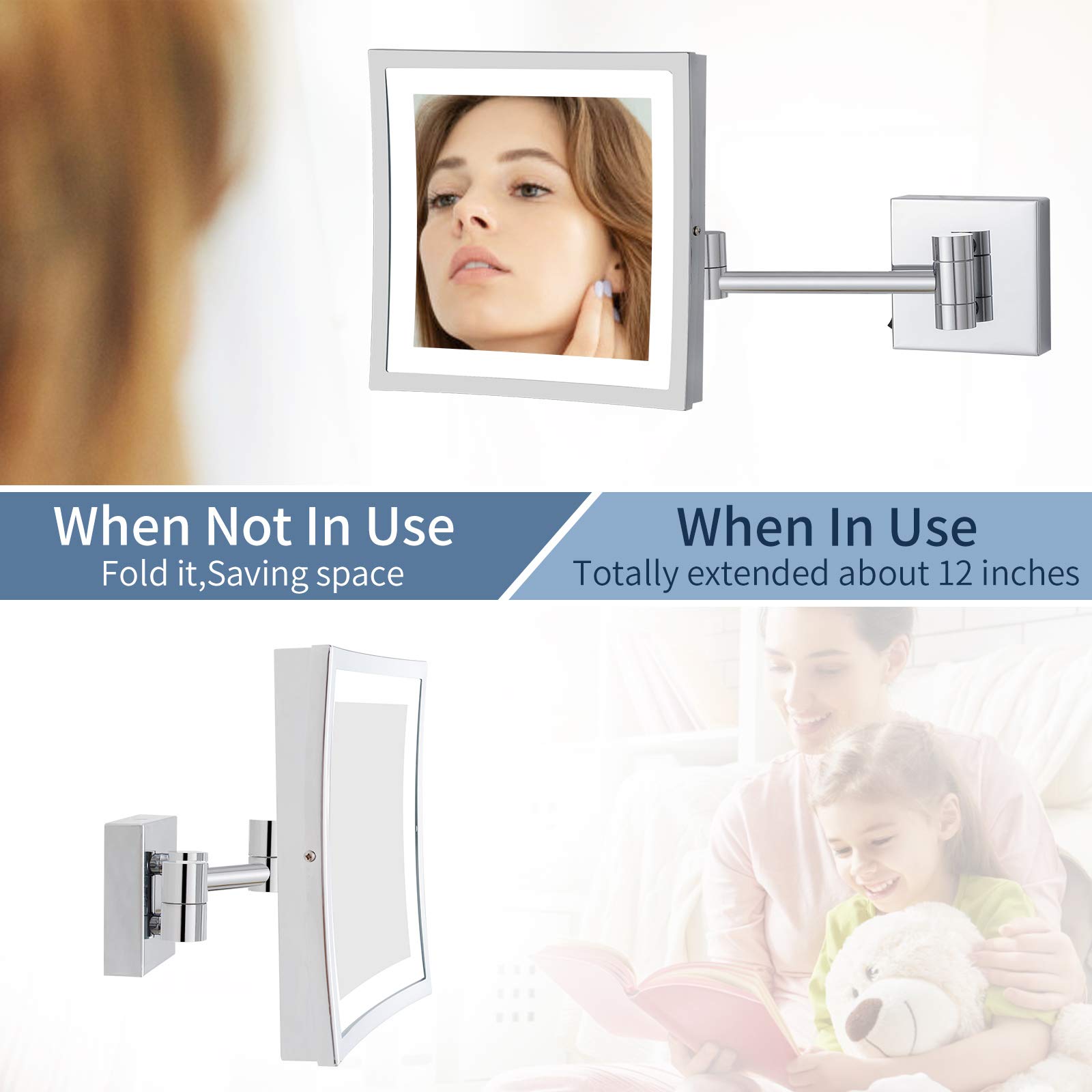 DOWRY LED Lighted 3X Magnifying Makeup Mirror with Plug - 8 Inch Polished Chrome Vanity Mirror for Precise Makeup Application, Eyebrow Shaping & Skincare - Perfect for Home, Salon, and Travel Use