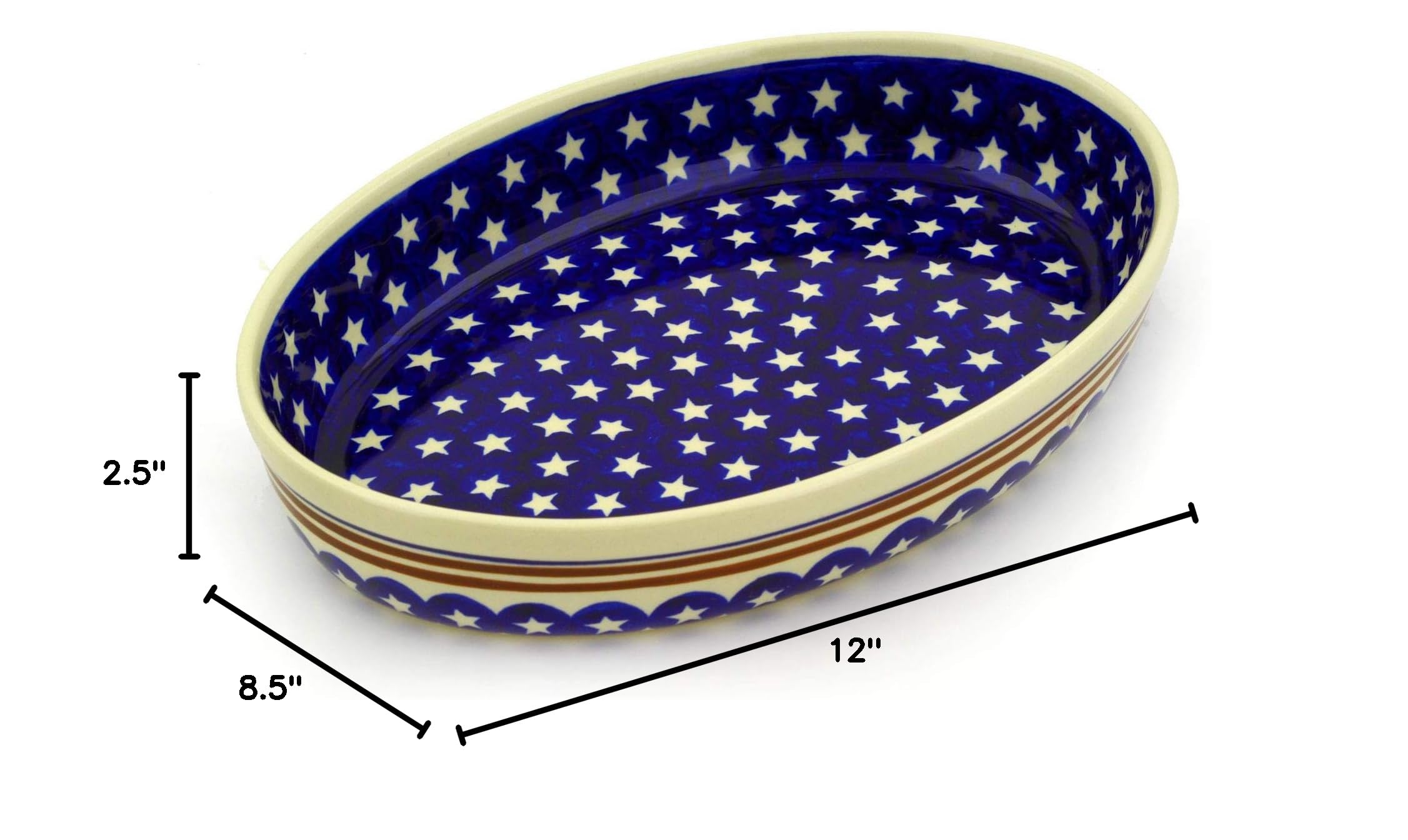 Blue Rose Polish Pottery Stars & Stripes Medium Oval Baker - Handmade Ceramic Baking Dish for Casseroles, Pies & Desserts - Perfect for Holidays, Parties & Home Decor