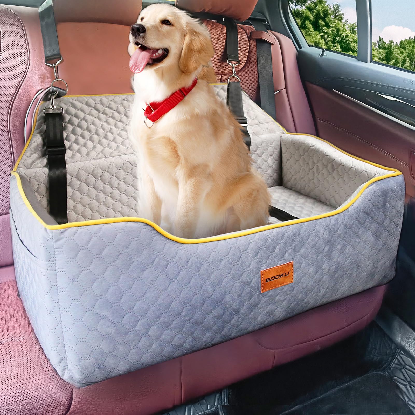 Memory Foam Dog Car Seat for Large/Medium Dogs or 2 Small Pets - Washable & Detachable Pet Booster Seat for Back Seats - Travel Safe Dog Carrier for Road Trips & Daily Commutes