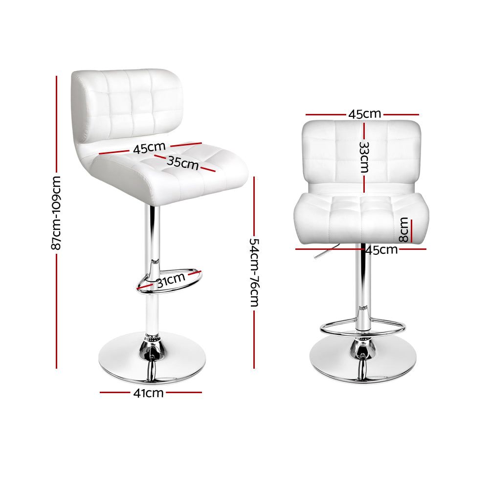 4 Bar Stools with Gas Lift Mechanism - White Leather Padded Seat - Perfect for Kitchen Island, Breakfast Nook or Home Bar Decor