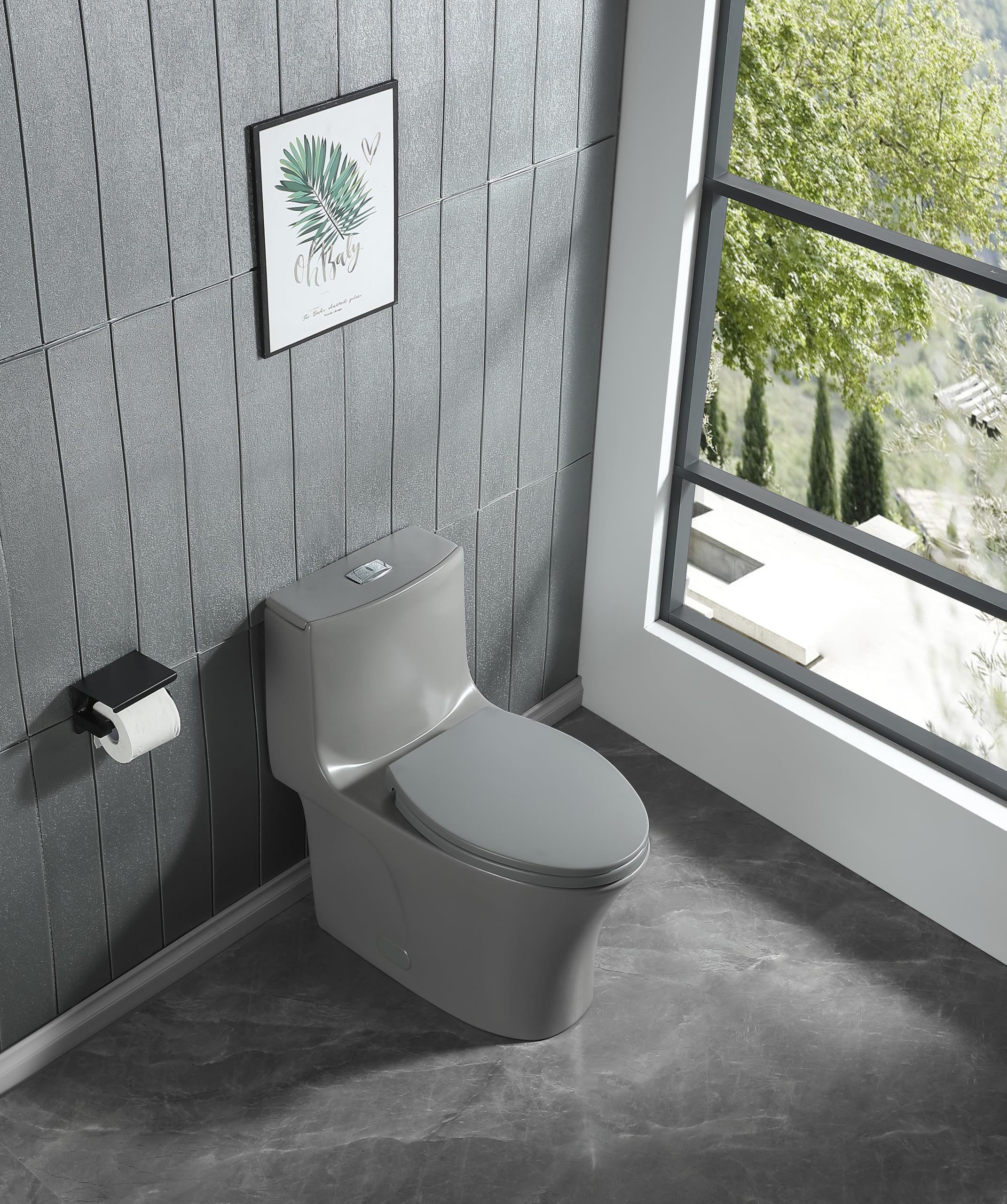 1.1/1.6 GPF Dual Flush One Piece Elongated Toilet with Soft Close Seat - Water Saving 1000g MAP Flushing Standard - Modern Grey Bathroom Toilet for Home & Commercial Use