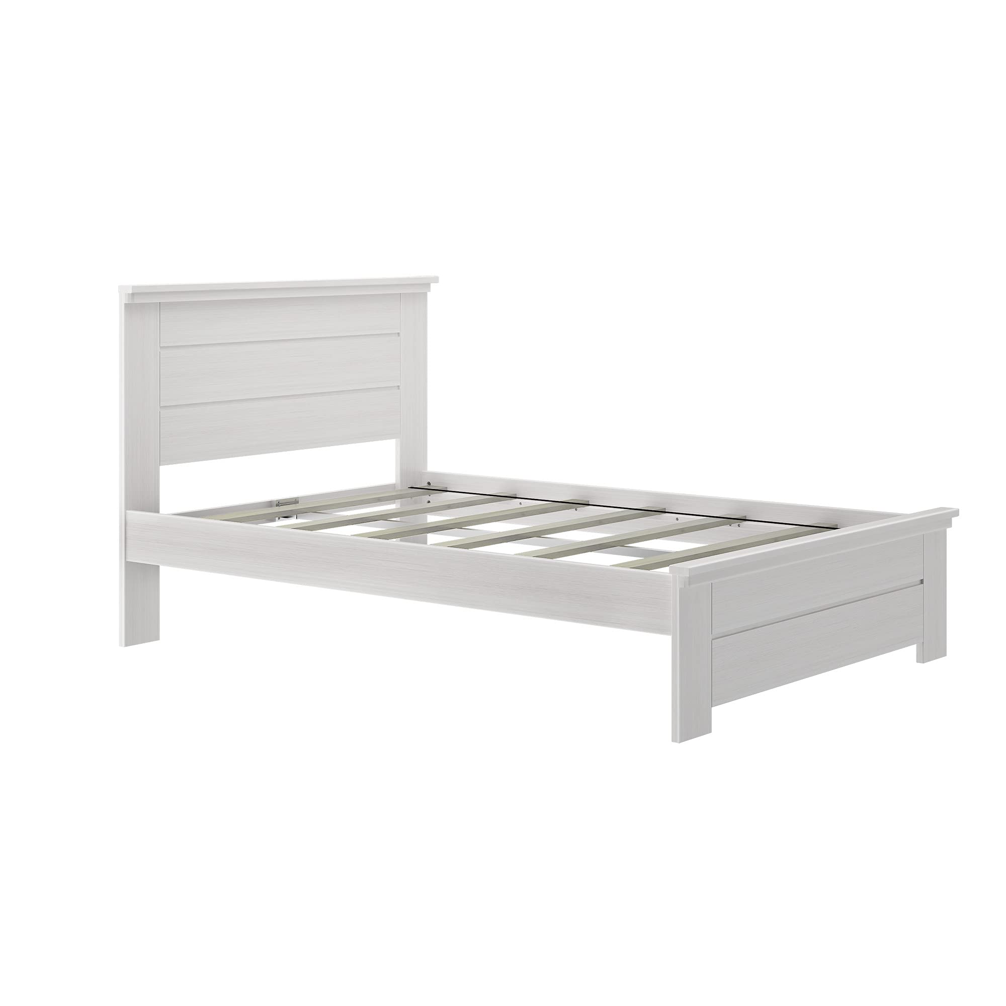 Max & Lily Modern Farmhouse Platform Bed with Panel Headboard - Full Size White Wash Wooden Bed Frame for Bedroom, Guest Room or Kids Room - Sturdy & Stylish Home Furniture