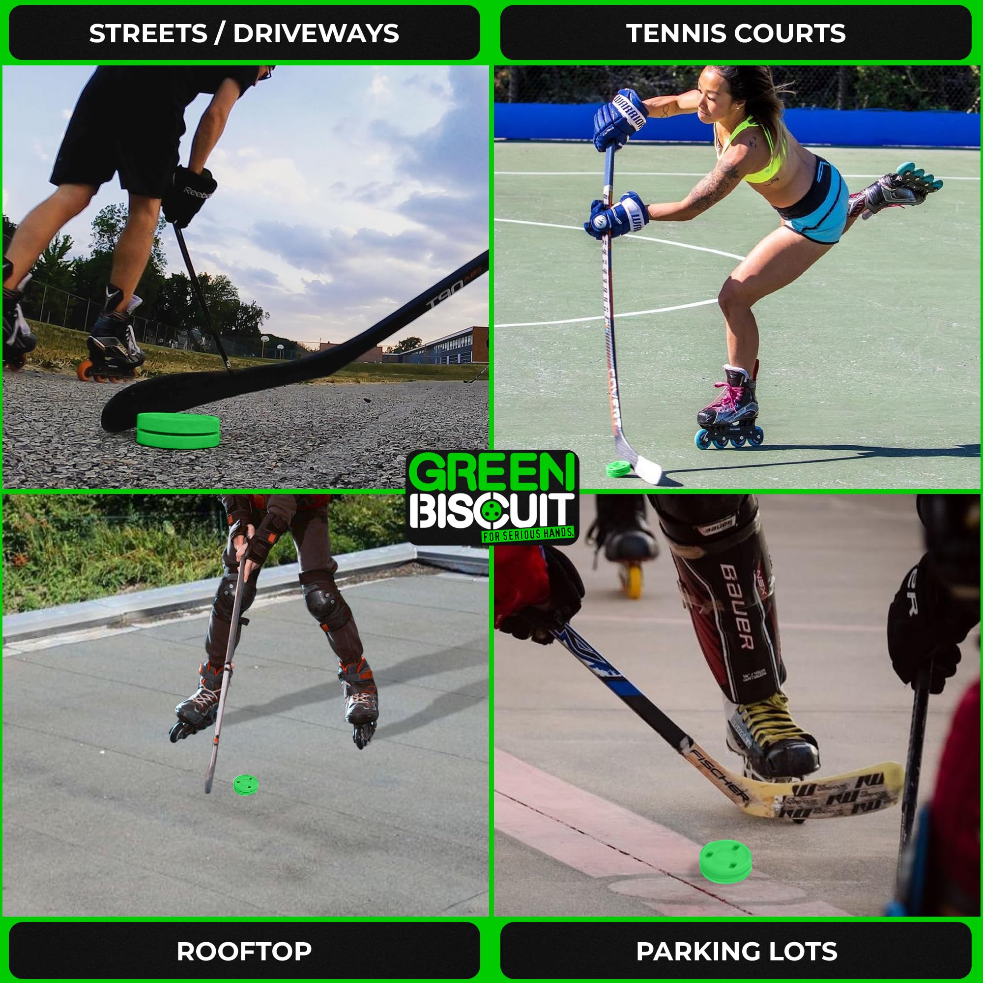 Green Biscuit Bucket 15-Pack Original Street Hockey Pucks - Improve Stickhandling & Passing Skills - Official NHL-Style Training Pucks with Free GB Sticker - Perfect for Outdoor Hockey Practice & Backyard Drills