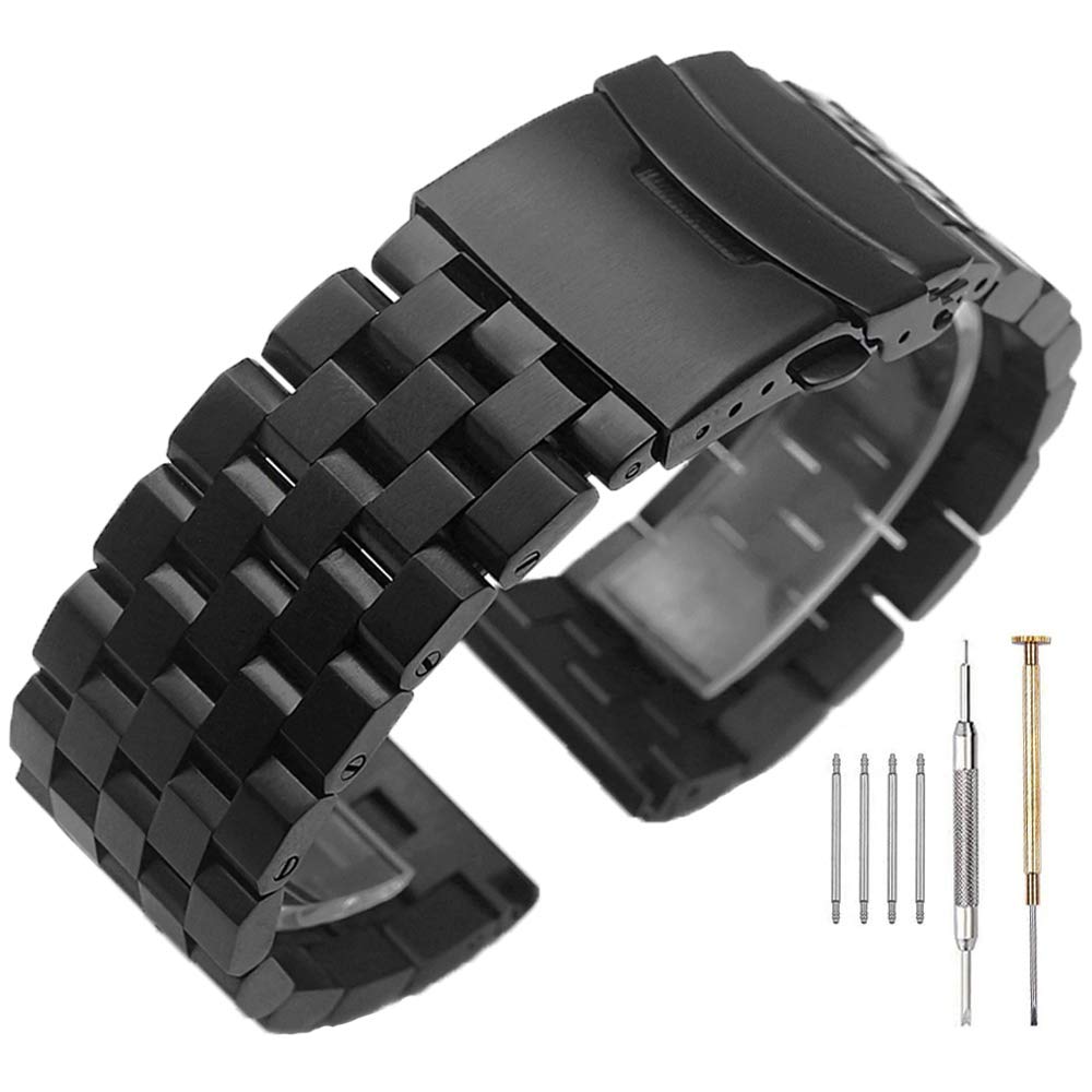 22mm Stainless Steel Watch Band - Black Engineer Bracelet with Deployment Clasp for Men & Women | Durable Metal Strap for Daily Wear