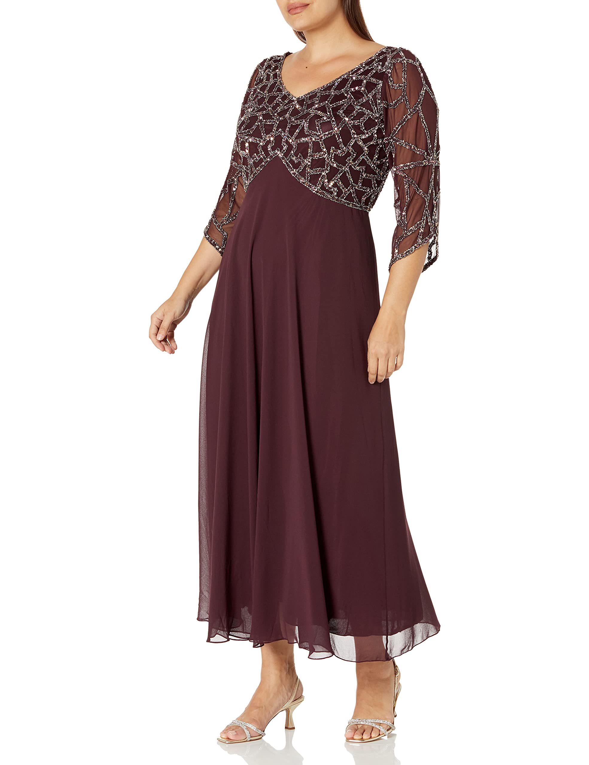 J Kara Women's Plus Size 3/4 Sleeve V-Neck Geometrical Beaded Long Dress for Evening Party, Wedding Guest, Cocktail & Special Occasions