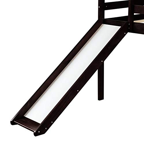 Kids Wooden Loft Bed with Slide & Ladder - Twin Size Low Profile Mini Loft Bed for Small Spaces, No Box Spring Required (Espresso) - Perfect for Kids' Bedrooms, Playrooms & Small Apartments