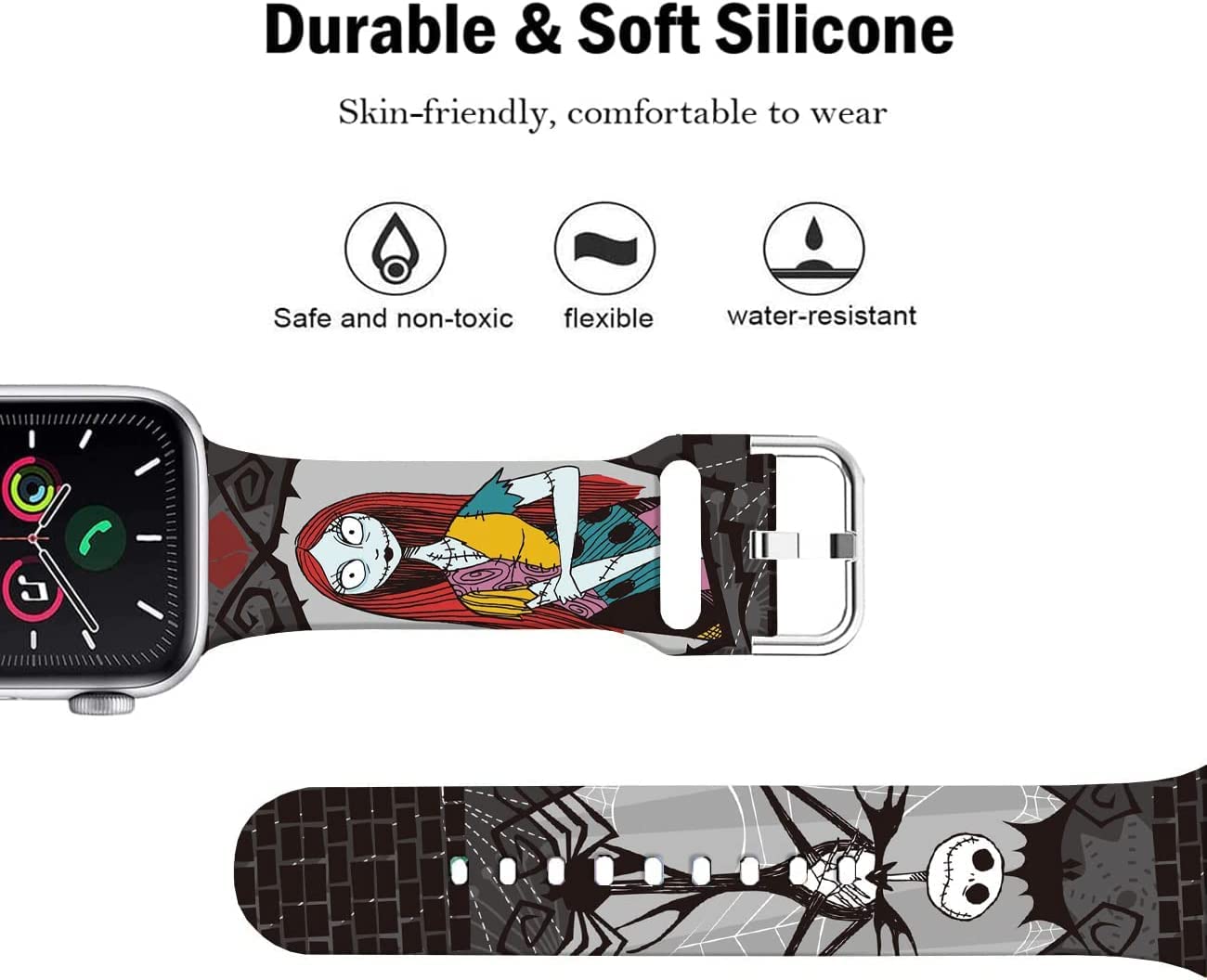 Hepsun Halloween Sally & Jack Skellington Apple Watch Band - Soft Silicone Replacement Strap for iWatch Series SE/8/7/6/5/4/3/2/1 - 38mm 40mm 41mm Cartoon Sports Band - Perfect for Halloween Costumes & Everyday Wear (41/40/38mm, JACK)