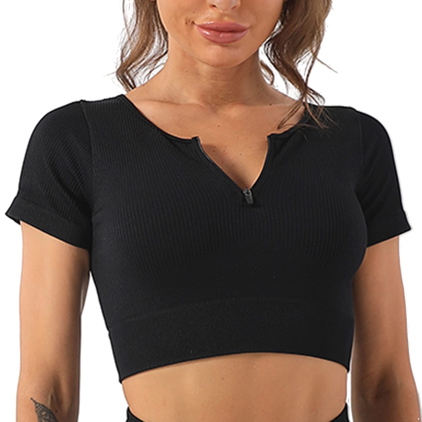 Aiihoo Women's Short Sleeve Ribbed Yoga Crop Top - Workout Gym Sports Shirt for Running, Yoga & Fitness Training