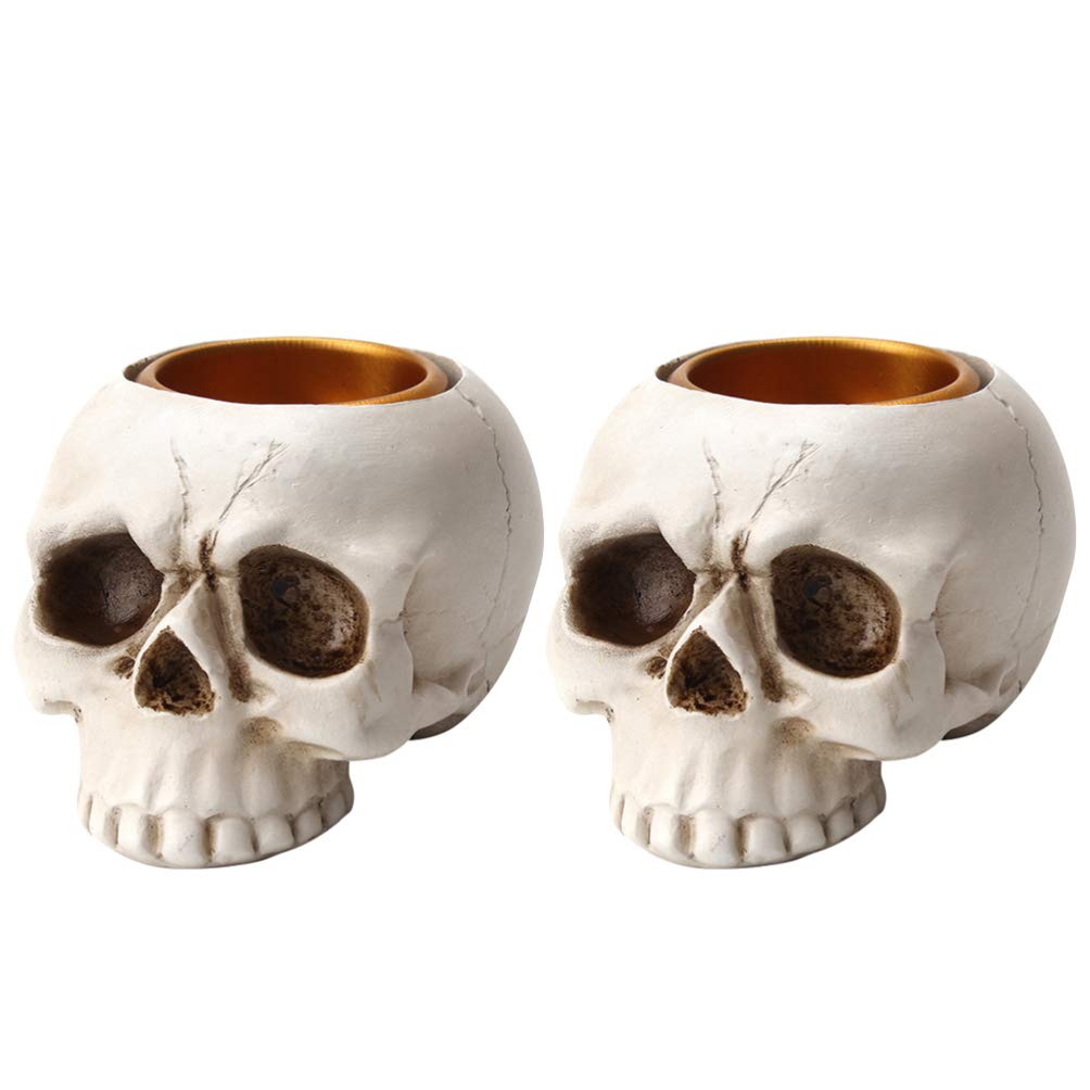 OSALADI 2Pcs Gothic Skeleton Skull Candle Holders - Halloween Candlestick Decor for Home, Party, Table Centerpiece - Resin Candle Holders for Spooky Decorations, Witchcraft Altar & Gothic Halloween Theme Parties