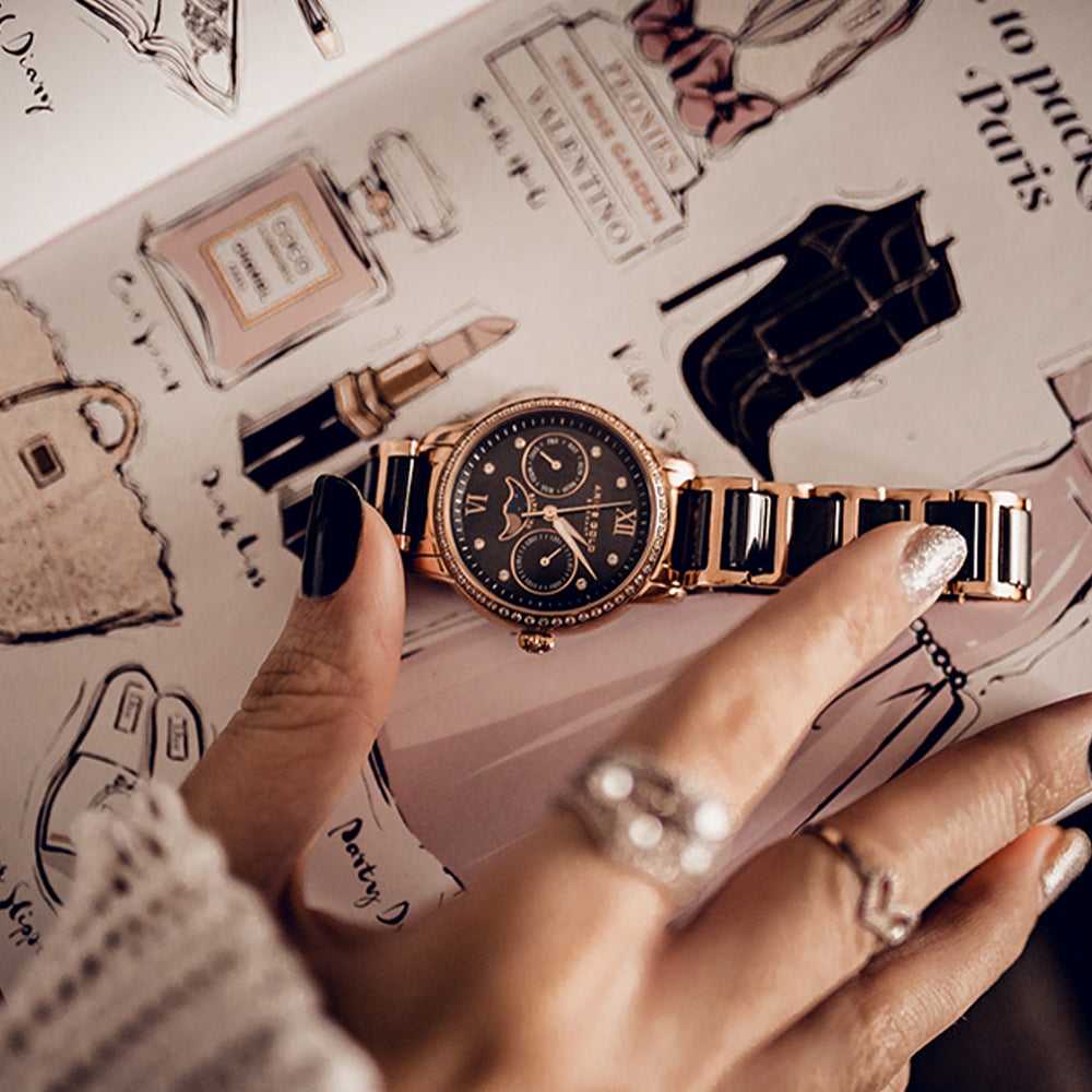 Aries Gold Enchant Luna L 58010L RG BKMP Women's Luxury Watch - Elegant Rose Gold & Black Timepiece for Business, Party & Special Occasions