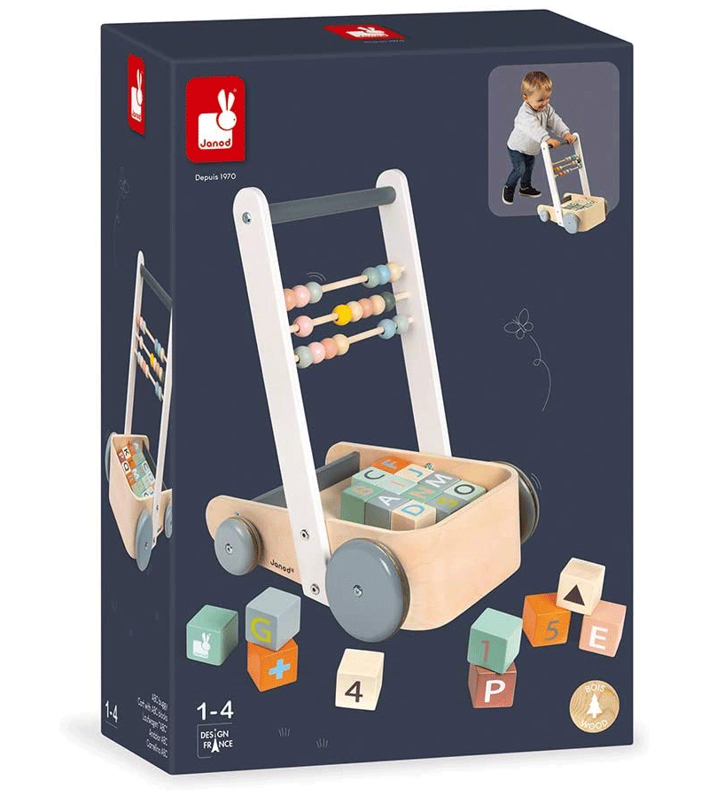 Janod Sweet Cocoon Cart with ABC Blocks - Wooden Toy Wagon for Toddlers, Kids Learning & Play - Perfect for Indoor & Outdoor Activities, Birthday Gifts