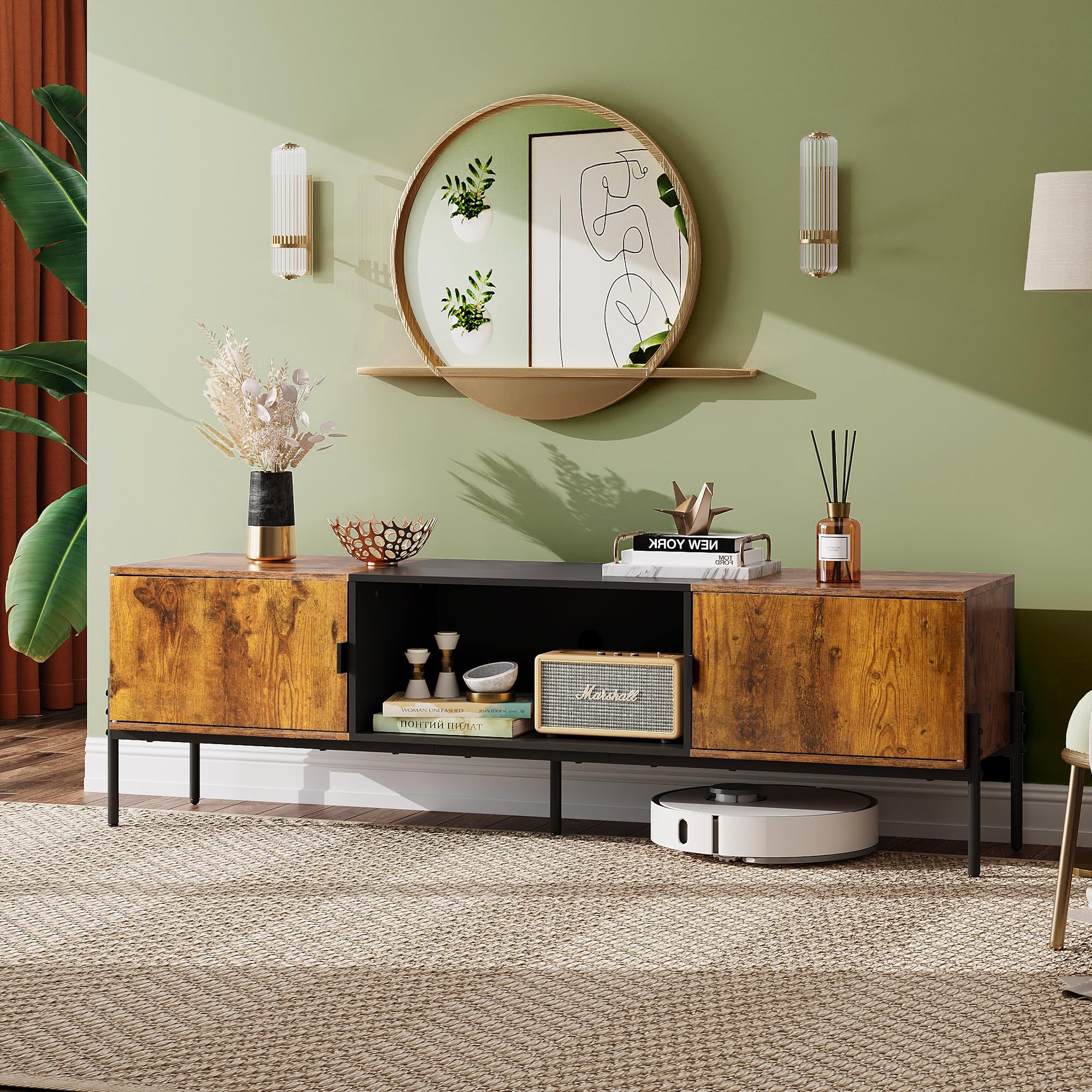 WLIVE 65 Inch Modern TV Stand - Mid Century Entertainment Center with Storage, Open Shelf & 2 Cabinets - Rustic Brown TV Console with Metal Legs for Living Room & Bedroom - Perfect for Home Theater Setup & Media Organization