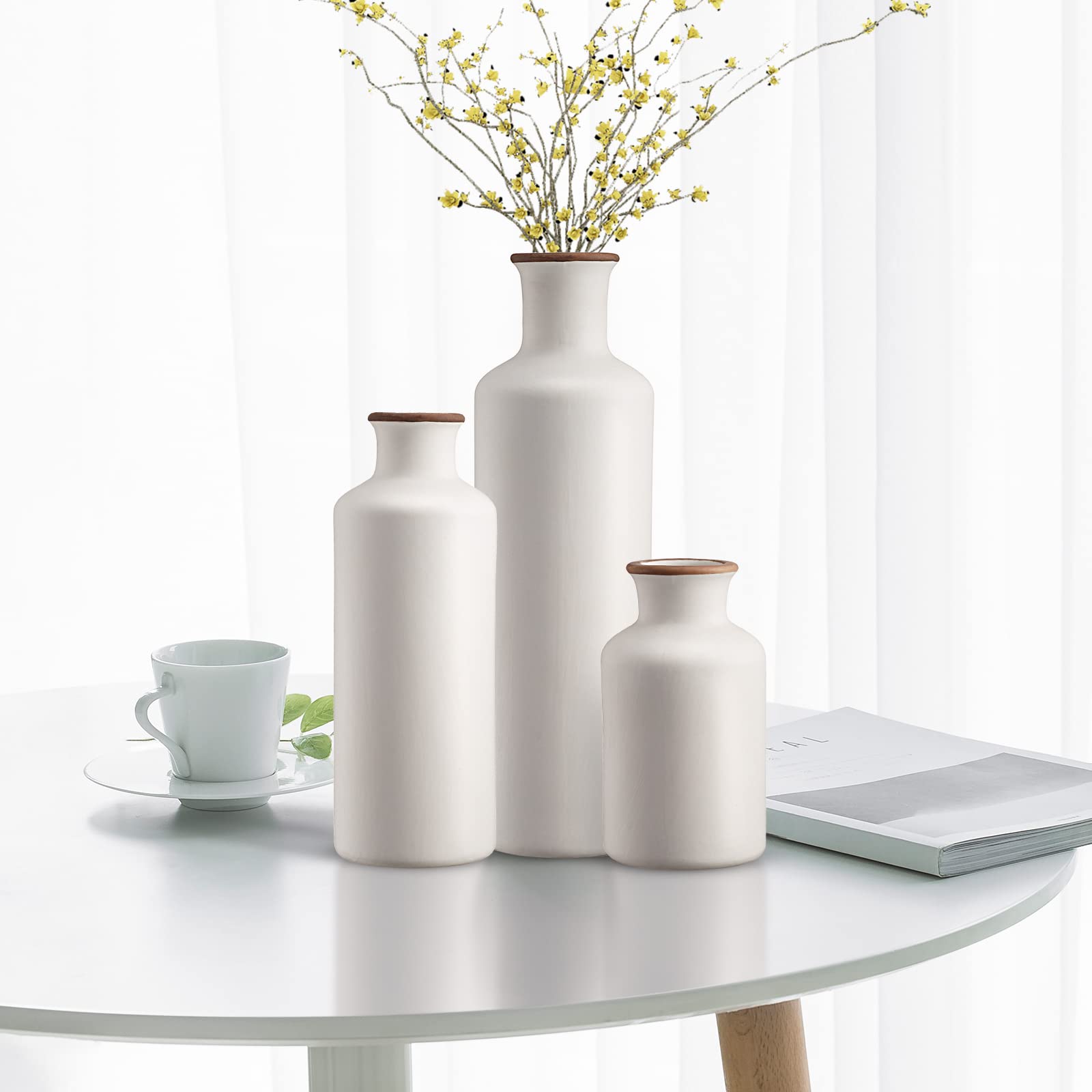 3Pcs Ceramic Vases Set - Rustic Farmhouse Decor for Living Room, Table, Bookshelf & Entryway - White Flower Vases for Home Decor, Wedding Centerpieces & Gifts - Perfect for Modern Interior Design & Housewarming