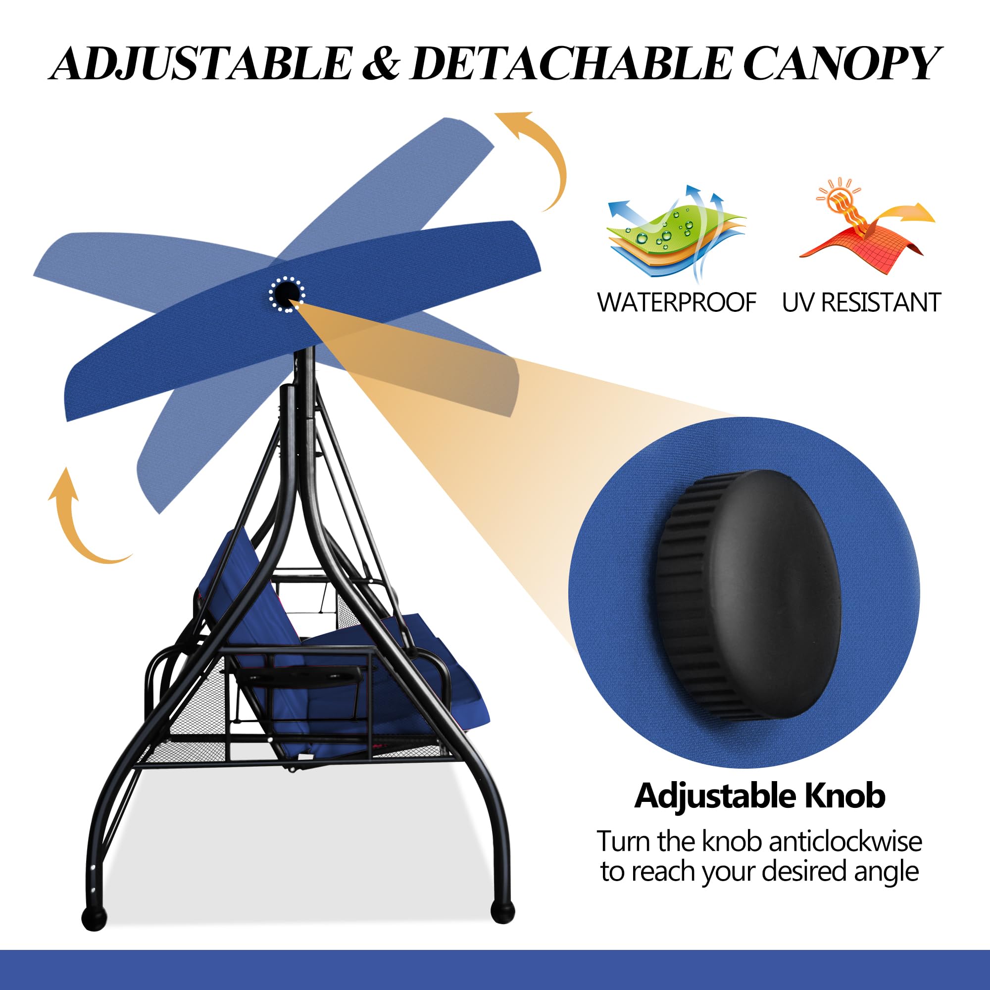 COVERONICS 3-Seat Outdoor Porch Swing with Convertible Canopy - Adjustable Shade & Removable Cushions - Navy Blue Patio Lounge Chair for Deck, Backyard, Poolside - Perfect for Relaxing, Sunbathing & Outdoor Entertaining