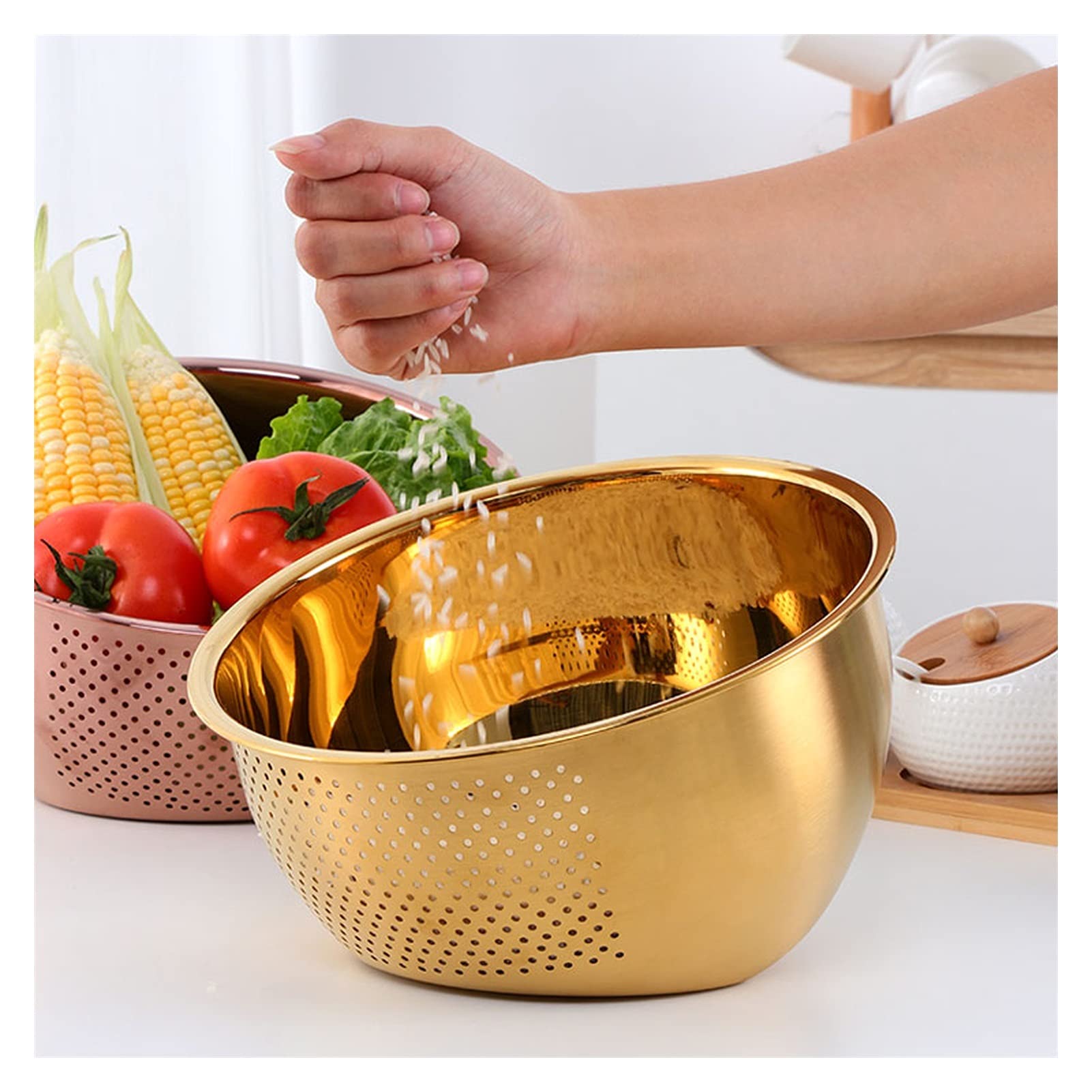 Stainless Steel Colander Strainer Basket - Rainbow No.3 Kitchen Sieve for Washing Rice, Pasta & Vegetables | Durable Food Strainer with Rose Gold Finish | Perfect for Cooking, Meal Prep & Drain Pasta Water