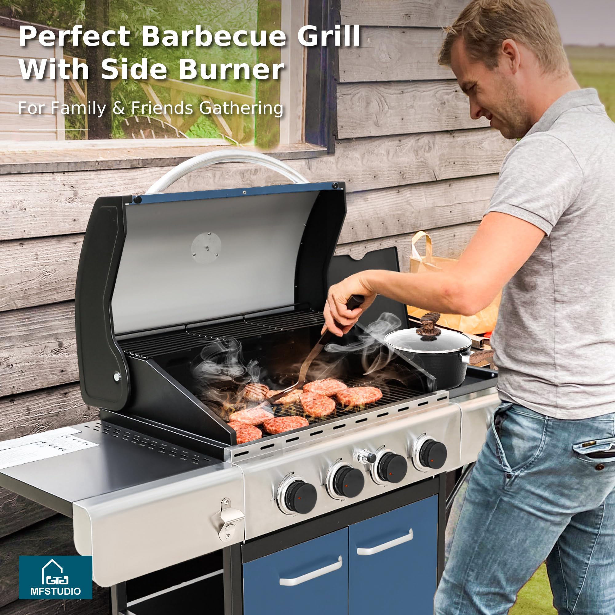 MFSTUDIO 4-Burner Propane Gas Grill - Stainless Steel BBQ Grill with Side Burner & Porcelain-Enameled Cast Iron Grates | High Output Outdoor Cooking Grill for Backyard, Patio, Camping & Tailgating Parties | Blue
