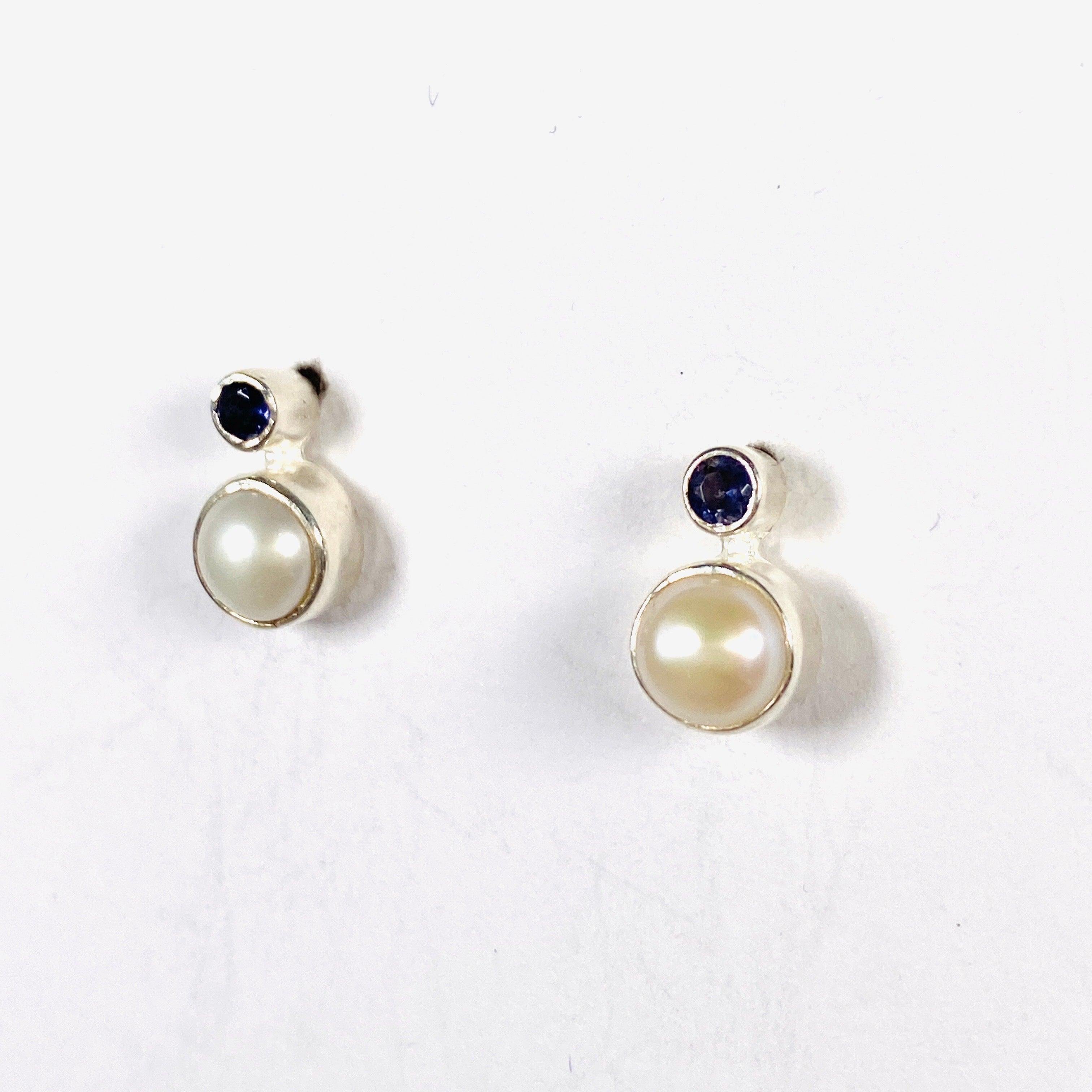 Pearl and Iolite Stud Earrings S259 IO - Elegant Jewelry for Women, Perfect for Weddings, Parties & Everyday Wear