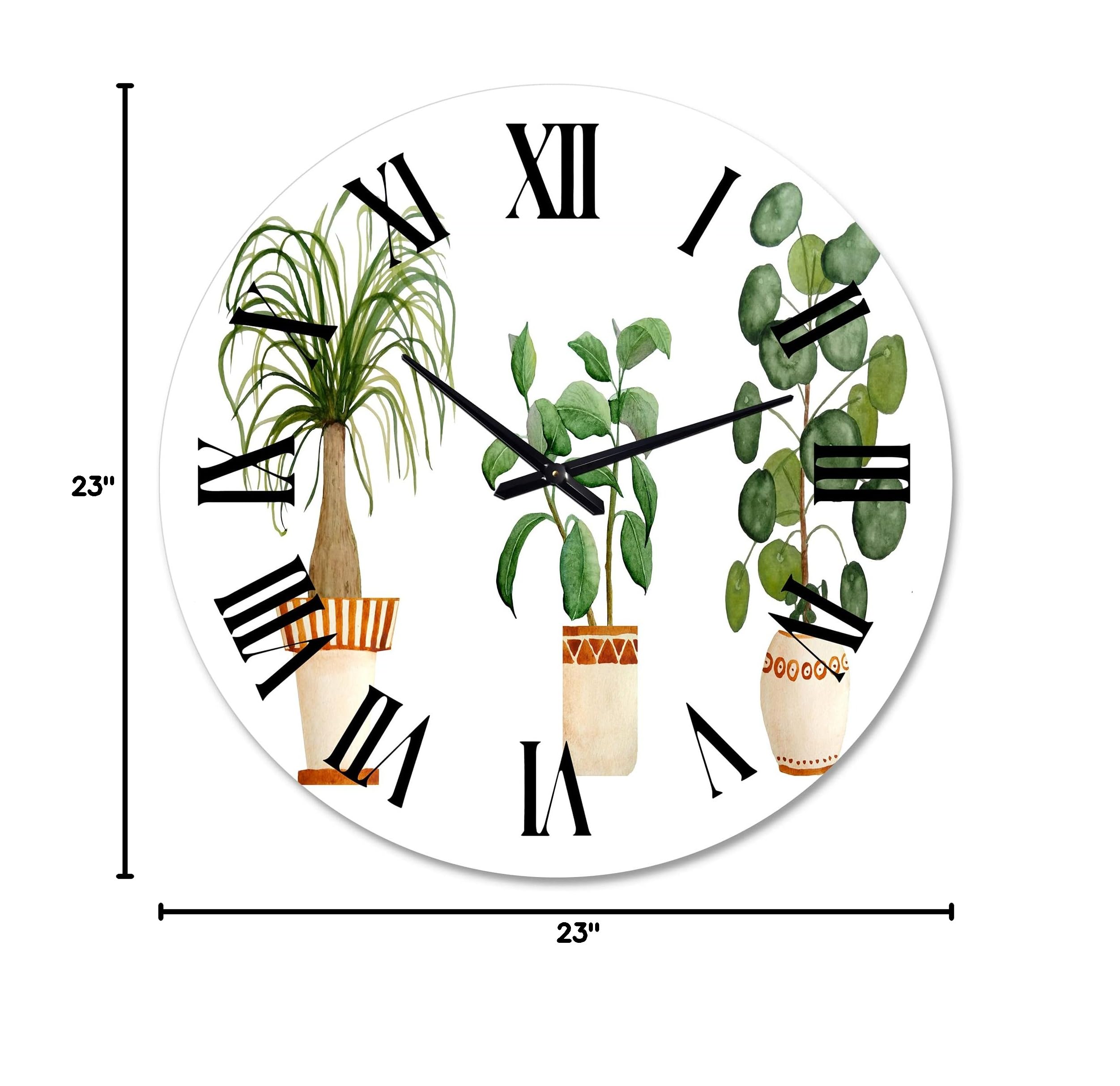 DesignQ Traditional Wall Clock - Trio of House Plants (Ponytail Palm & Ficus) - Floral Botanical Large Wall Decor for Living Room, Bedroom, Office - Perfect for Home & Office Décor