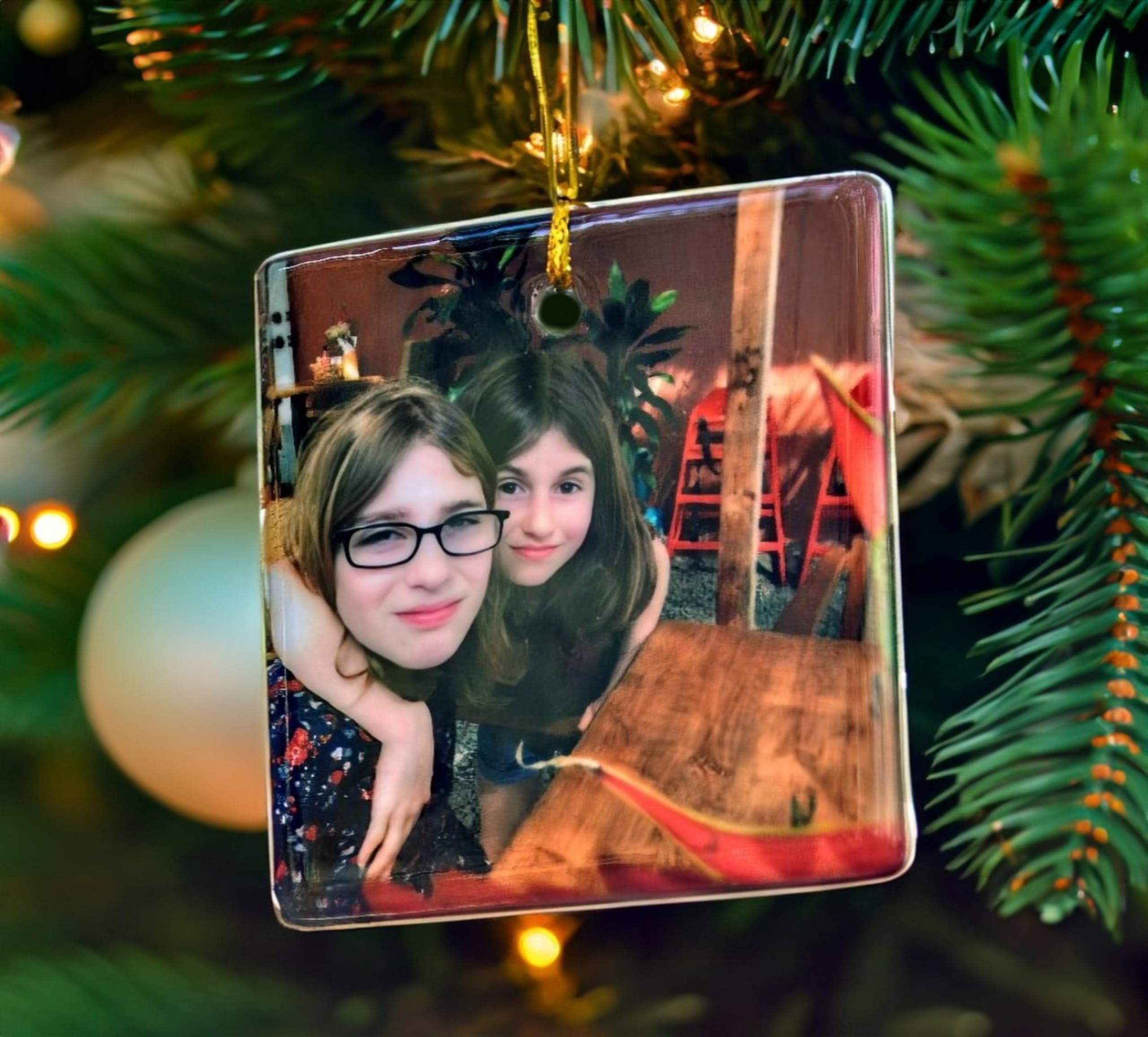 Custom Photo Ornament - Personalized Porcelain Ceramic Keepsake with Gold String & Gift Bag - Add Your Own Text, Art or Design - Perfect for Christmas, Weddings & Family Gifts (Square Shape)