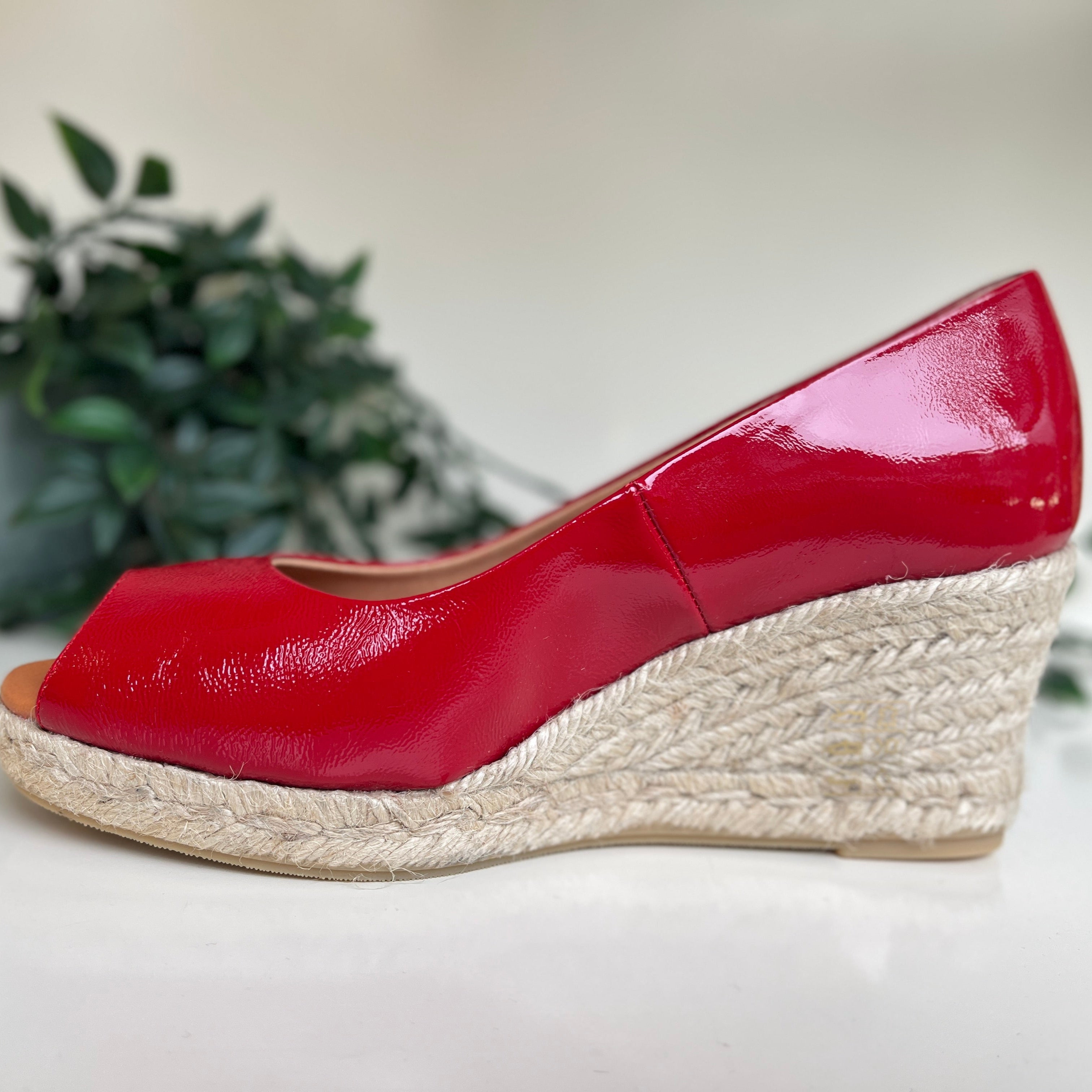 MARIAN Women's Red Patent Leather Peep Toe Wedge Espadrille Shoes - Comfortable Summer Sandals for Beach, Party & Casual Wear