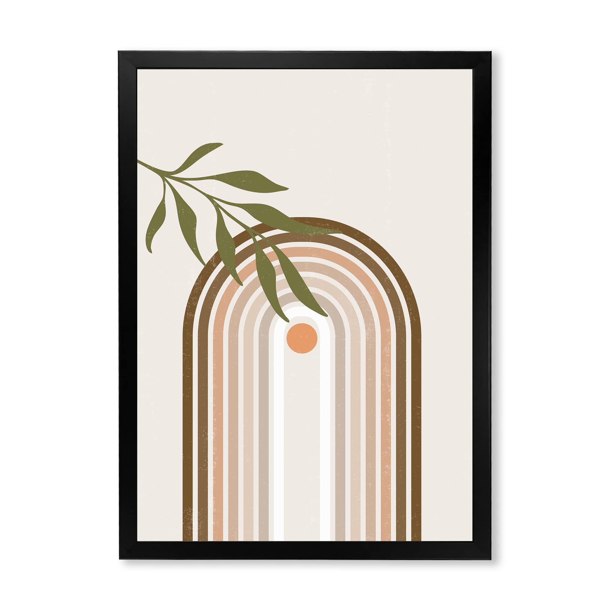 Abstract Sun and Moon with Green Leaf Modern Framed Wall Art - Contemporary Home Decor for Living Room, Bedroom & Office
