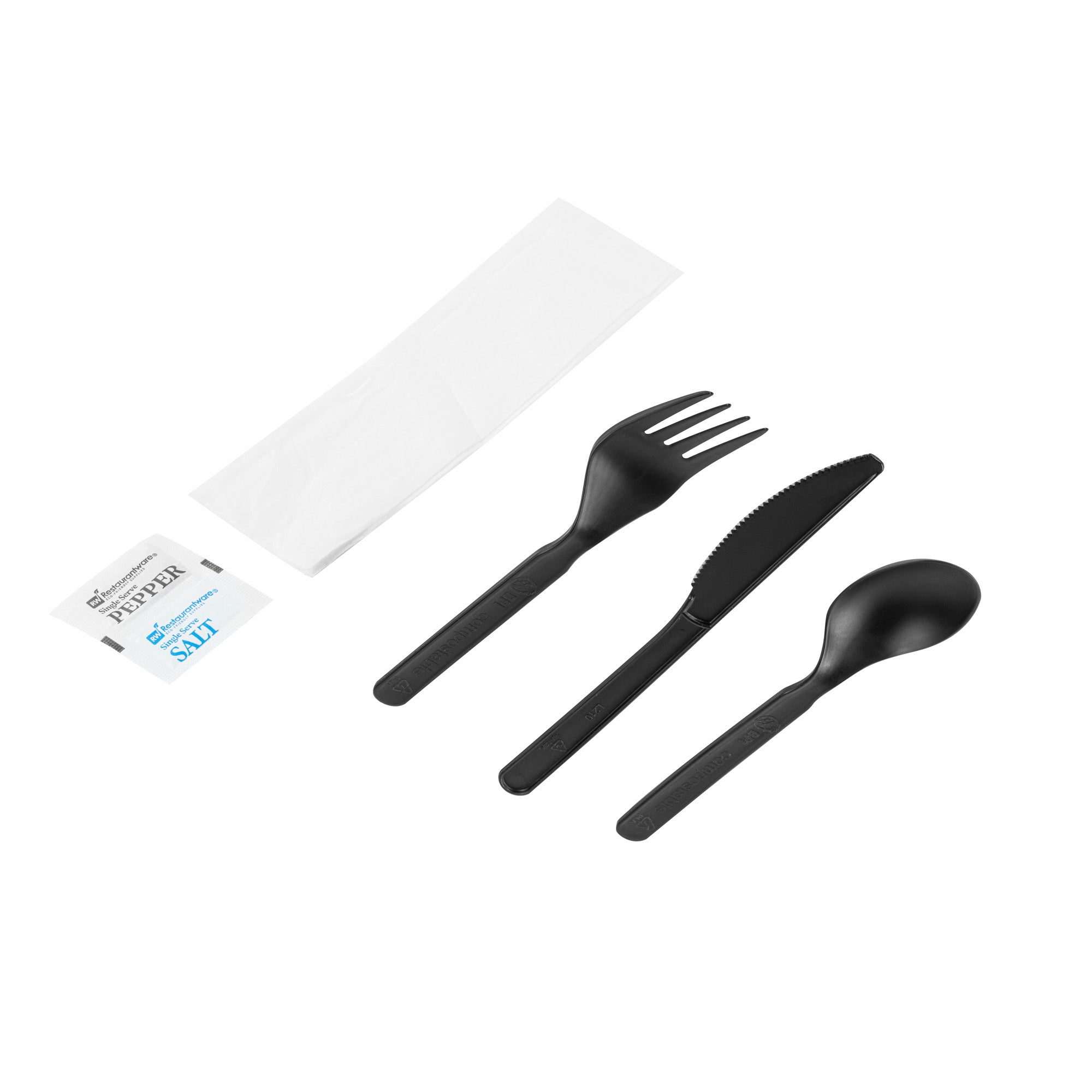 Eco-Friendly Black PLA Plastic Cutlery Set with Napkins & Salt/Pepper Packets - 500 Count Compostable Cutlery Kit (6.25