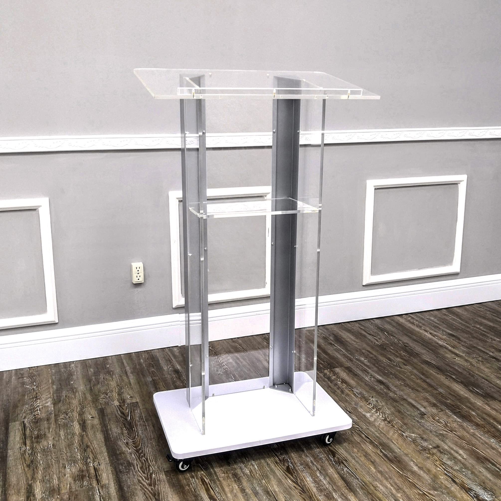 FixtureDisplays® Clear Acrylic Plexiglass Podium with Steel Sides - Church Pulpit, School Lectern, Debate Stand, Funeral Home & Conference Speaker Platform (Model 14306) - Perfect for Religious Services, Academic Presentations & Professional Events