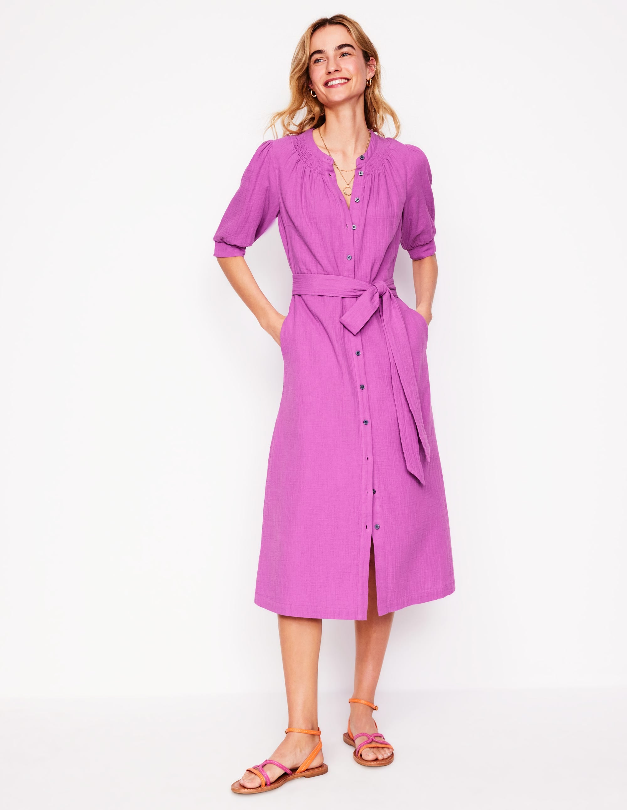 Ada Double Cloth Midi Dress in Foxglove Purple | Elegant Floral Print Summer Dress for Women | Perfect for Garden Parties, Date Nights & Office Wear