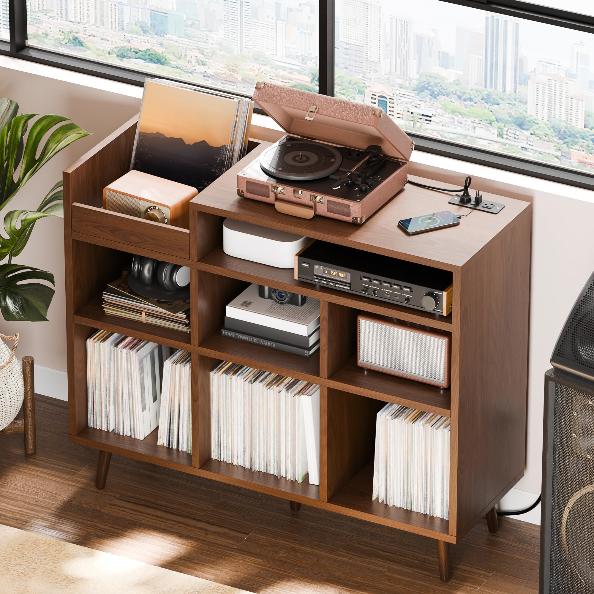 Cozy Castle Record Player Stand - Vinyl Storage Shelf for 500+ Albums, Turntable Cabinet with Power Outlet & Sideboard Storage - Perfect for Living Room, Home Theater & Music Room Decor - Brown