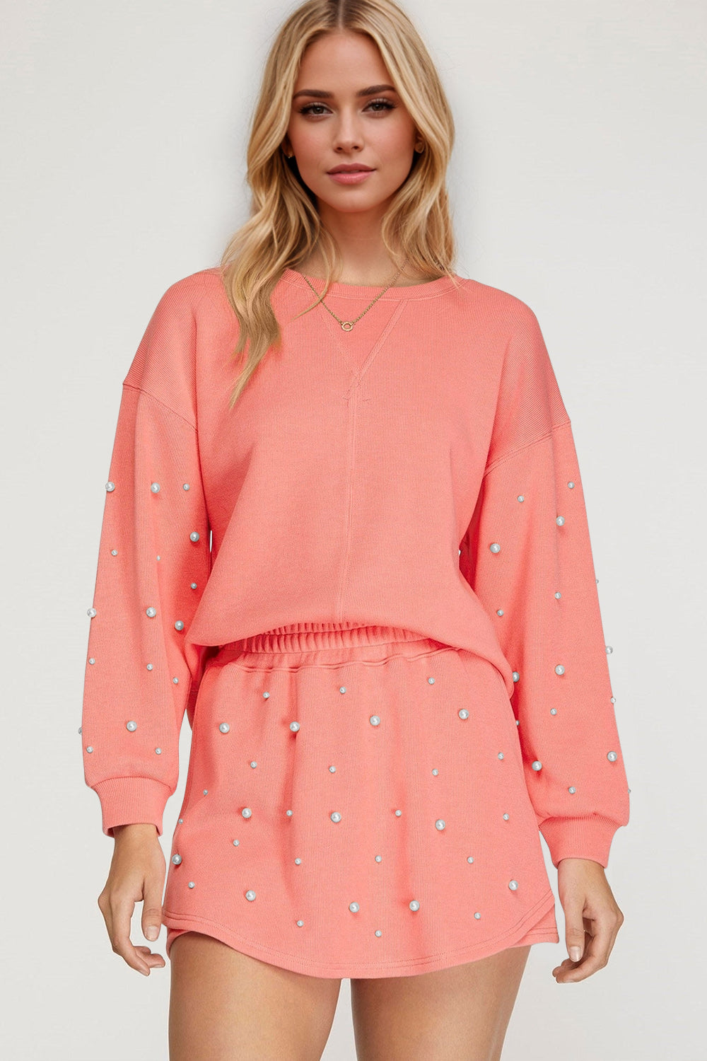 Elegant Pearl Trim Round Neck Long Sleeve Top and Skirt Set for Women - Perfect for Parties, Weddings & Formal Occasions