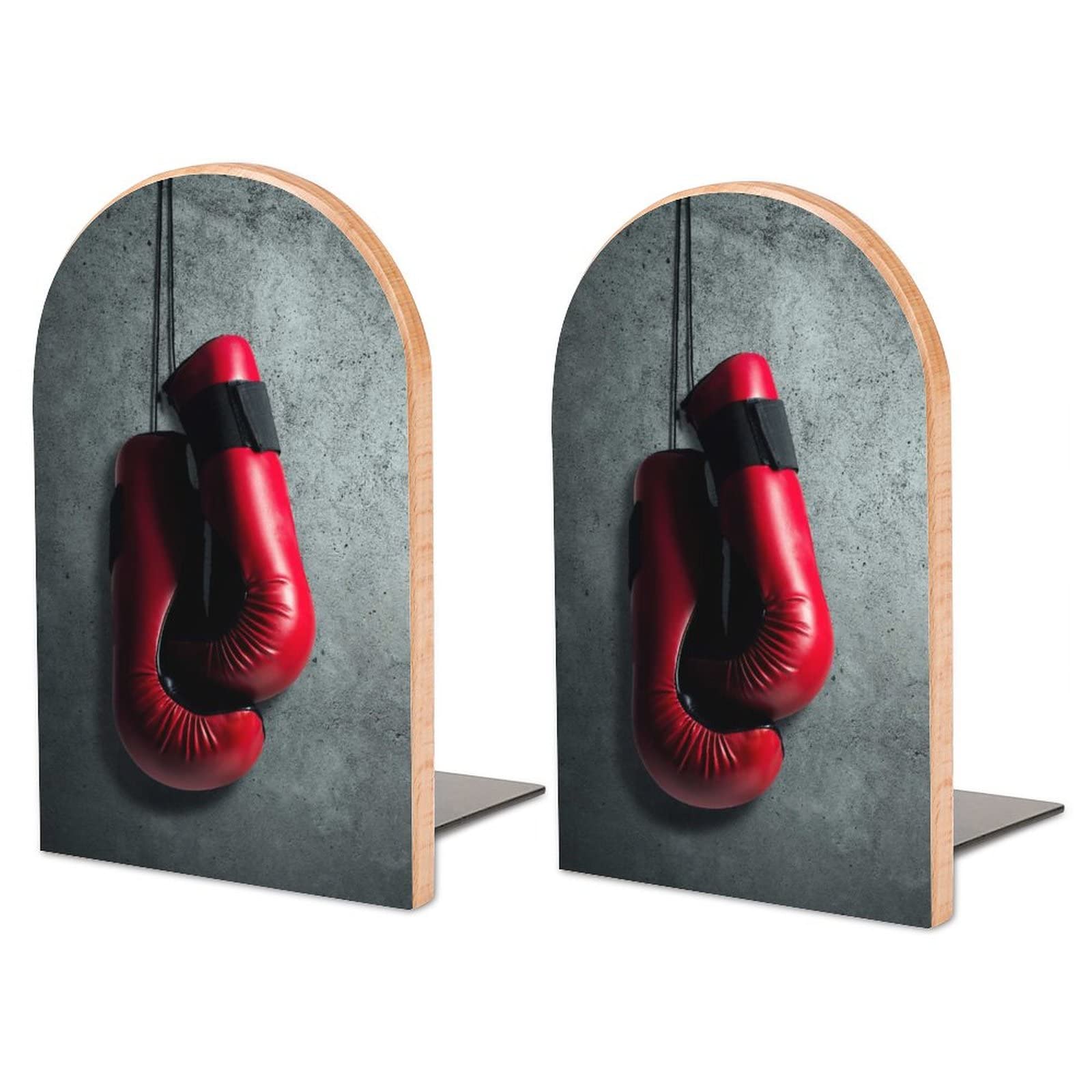 Premium Wooden Bookends - 2 PCS Non-Slip Book Shelf Holders with Red Boxing Gloves Design | Perfect for Home Office, Library & Study Decor | Unique Retirement Gift Idea & Wall Display Concept