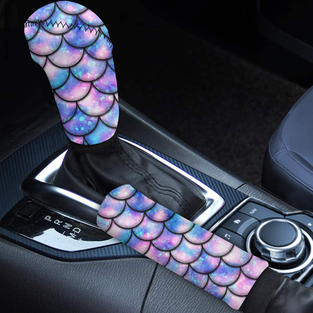 TOADDMOS Glitter Mermaid Fish Scale Car Gear Shift Knob Cover & Handbrake Cover Set - Universal Auto Interior Decoration Accessories Protector for Sedan, SUV, Truck - Perfect for Car Show, Gift, Personalization