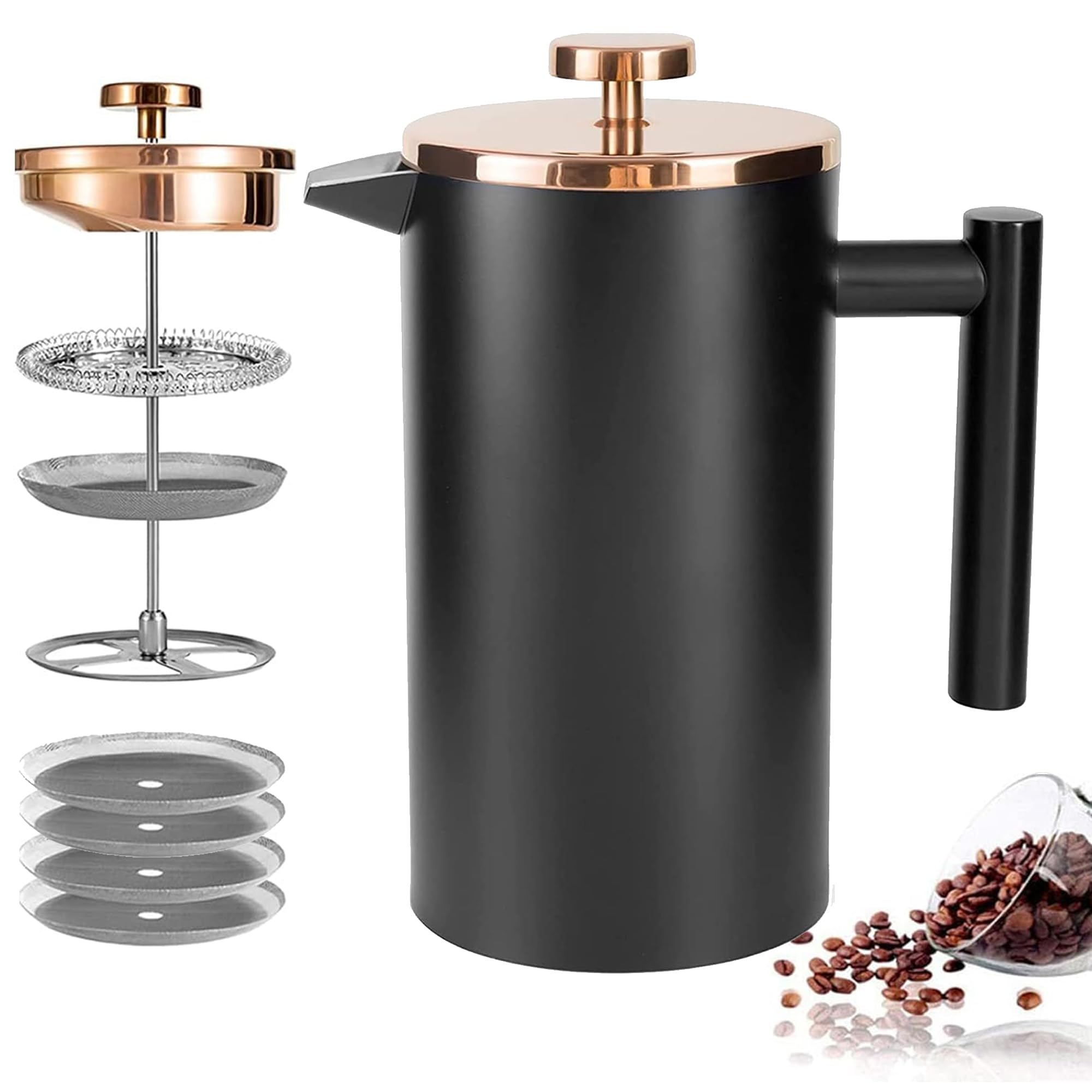 Premium Stainless Steel French Press Coffee Maker - 21Oz Double Wall Insulated with 3-Level Filtration System | Includes 4 Filters & Metal Spoon | Ideal for Home, Office & Camping Use
