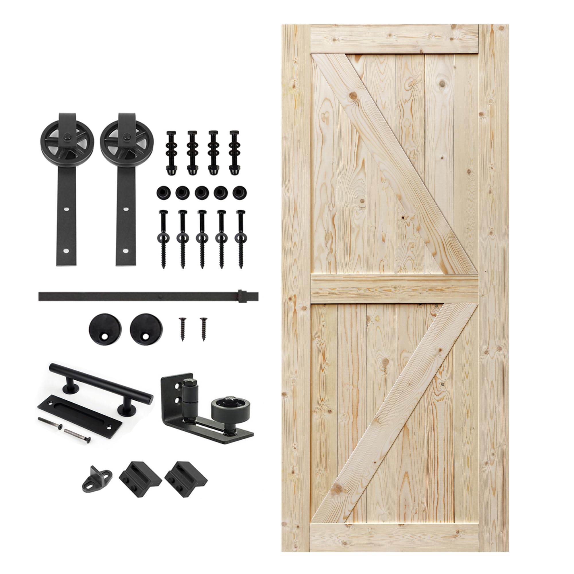 36 x 84 Inch Unfinished British Brace Knotty Barn Wood Sliding Door with 6.6FT Hardware Kit - Solid Wood, Double Surfaces, Easy Assembly (Big Wheel Included) - Perfect for Farmhouse, Loft, or Bedroom Privacy