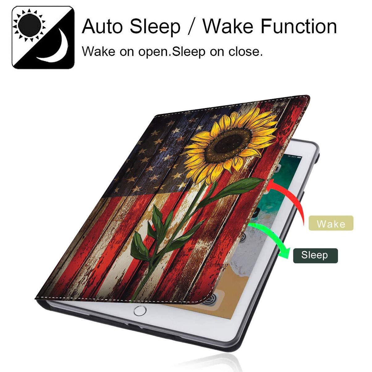 Premium Leather iPad Case for iPad 9.7 (2018/2017), iPad Air 2, iPad Pro 9.7 & iPad Air - Protective Smart Cover with Auto Wake/Sleep & Adjustable Stand - Compatible with iPad 6th/5th Gen - Patriotic Red Line American Flag Sunflower Design - Perfect for Work, Travel & Home Use