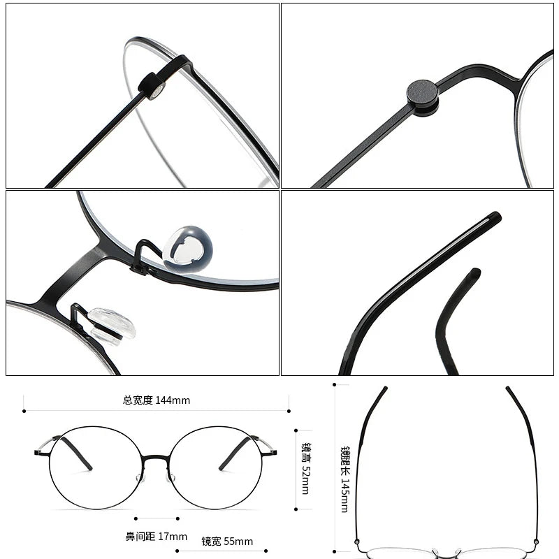 Unisex Black Titanium Round Full Rim Screwless Eyeglasses 5516 - Lightweight & Durable for Work, Reading & Everyday Wear