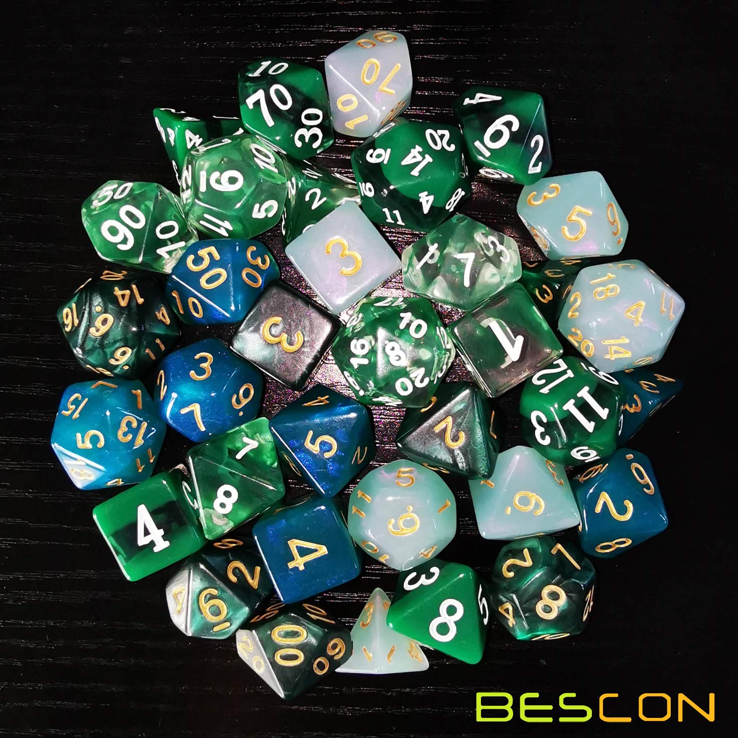 Bescon 35-Piece Polyhedral RPG Dice Set in Emerald Green - Perfect for DND, Dungeons & Dragons, Pathfinder Role Playing Games - Includes 5 Complete 7-Dice Sets for Tabletop Gaming & Collectors