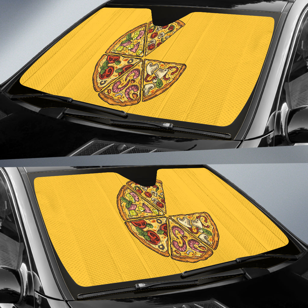 Premium Car Sun Shade with Pizza Pattern - Yellow Background for UV Protection & Heat Reduction | Perfect for Summer Driving & Outdoor Parking