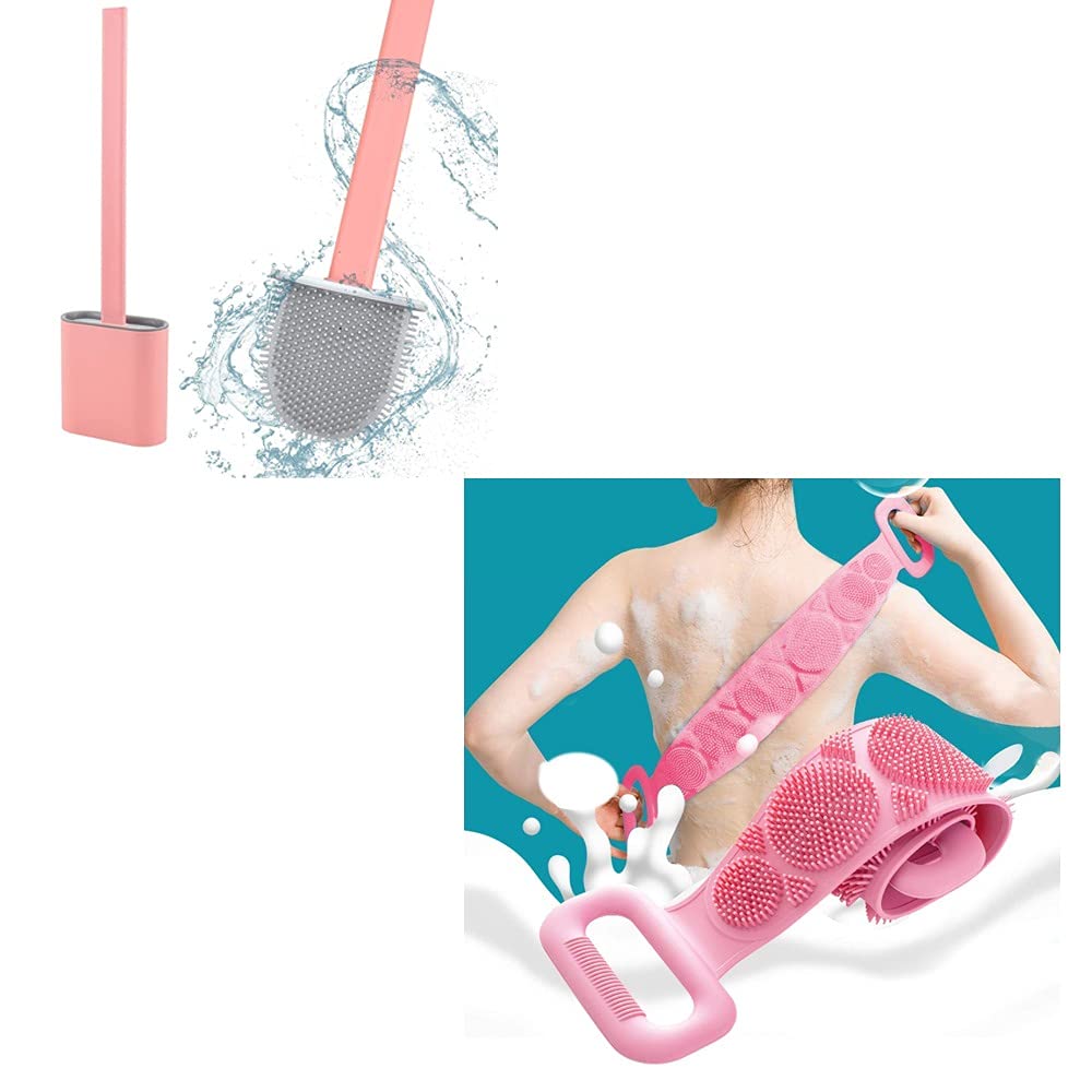 Infi Style Silicone Toilet Brush Set with Slim Holder - Flexible Bath Brush & Body Scrubber for Deep Cleaning - Skin Exfoliating Scrubber Belt for Shower, Bathroom & Spa Use