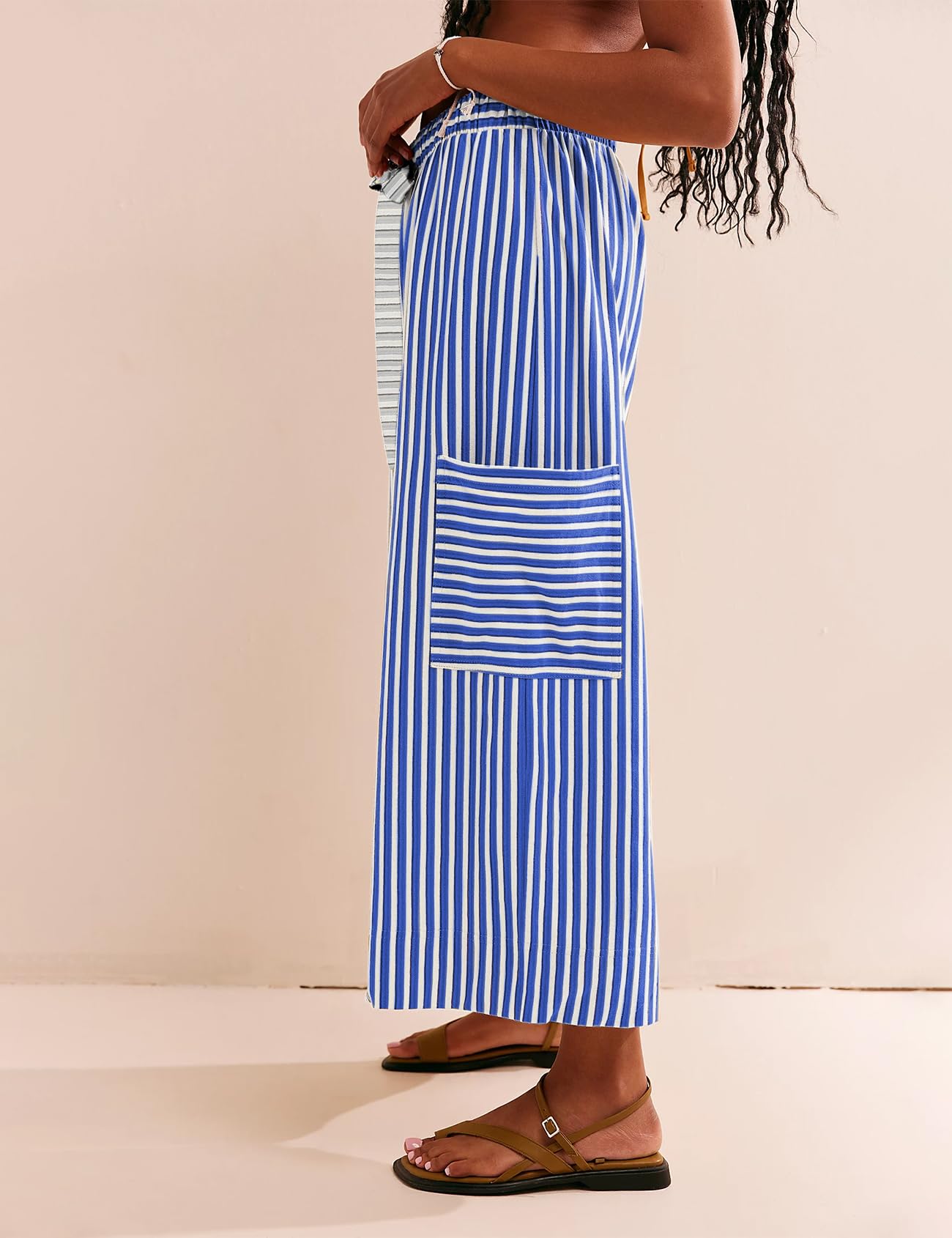 Women's Striped Wide Leg Lounge Pants - Mid Waist Drawstring Beach Capri Trousers with Pockets | Comfortable Casual Wear for Home, Yoga & Vacation