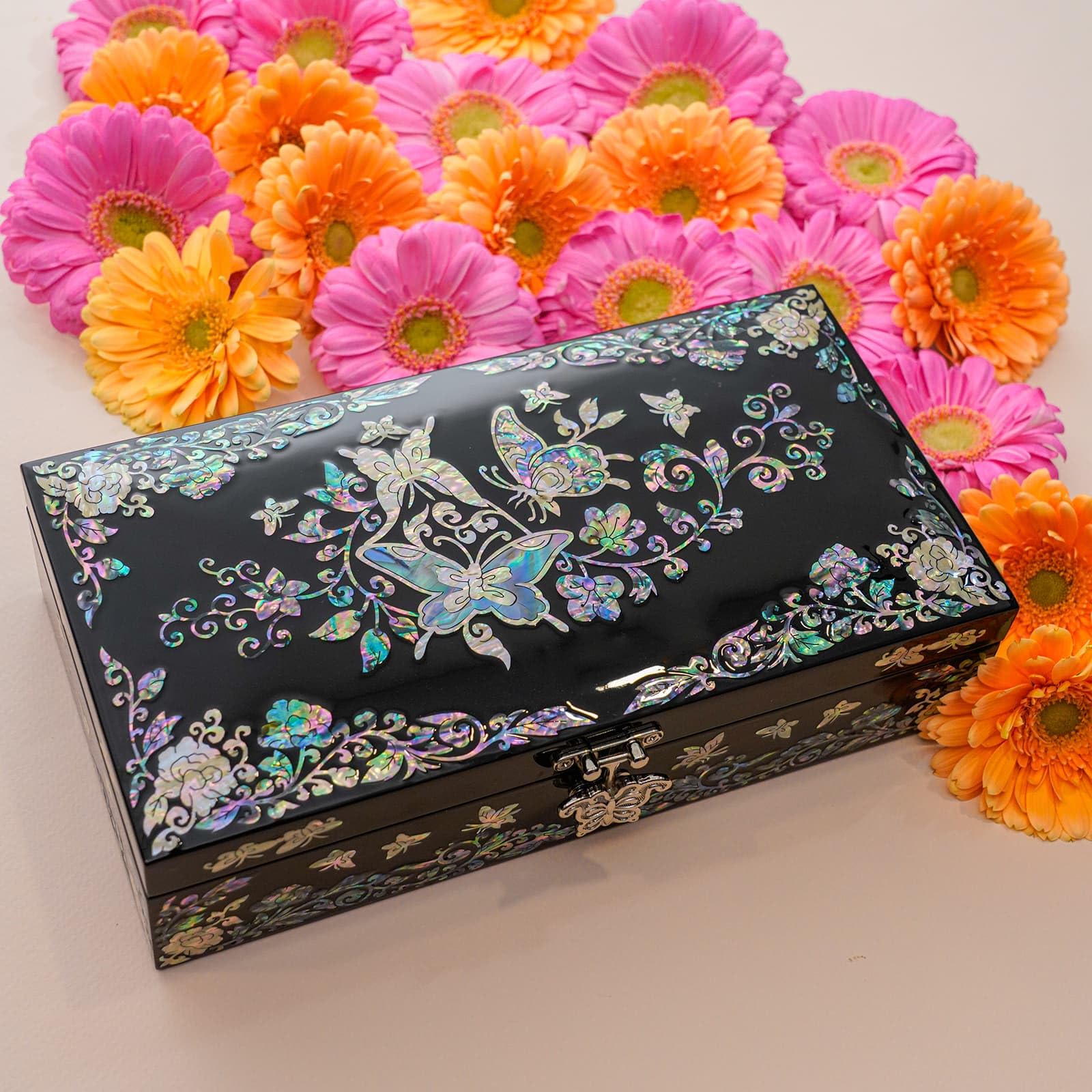 February Mountain Mother of Pearl Jewelry Organizer Box - Handmade Large Wooden Jewelry Storage Case with Butterfly Floral Design, Perfect Romantic Anniversary & Birthday Gift for Women | Jewelry Organization for Dresser, Vanity & Travel