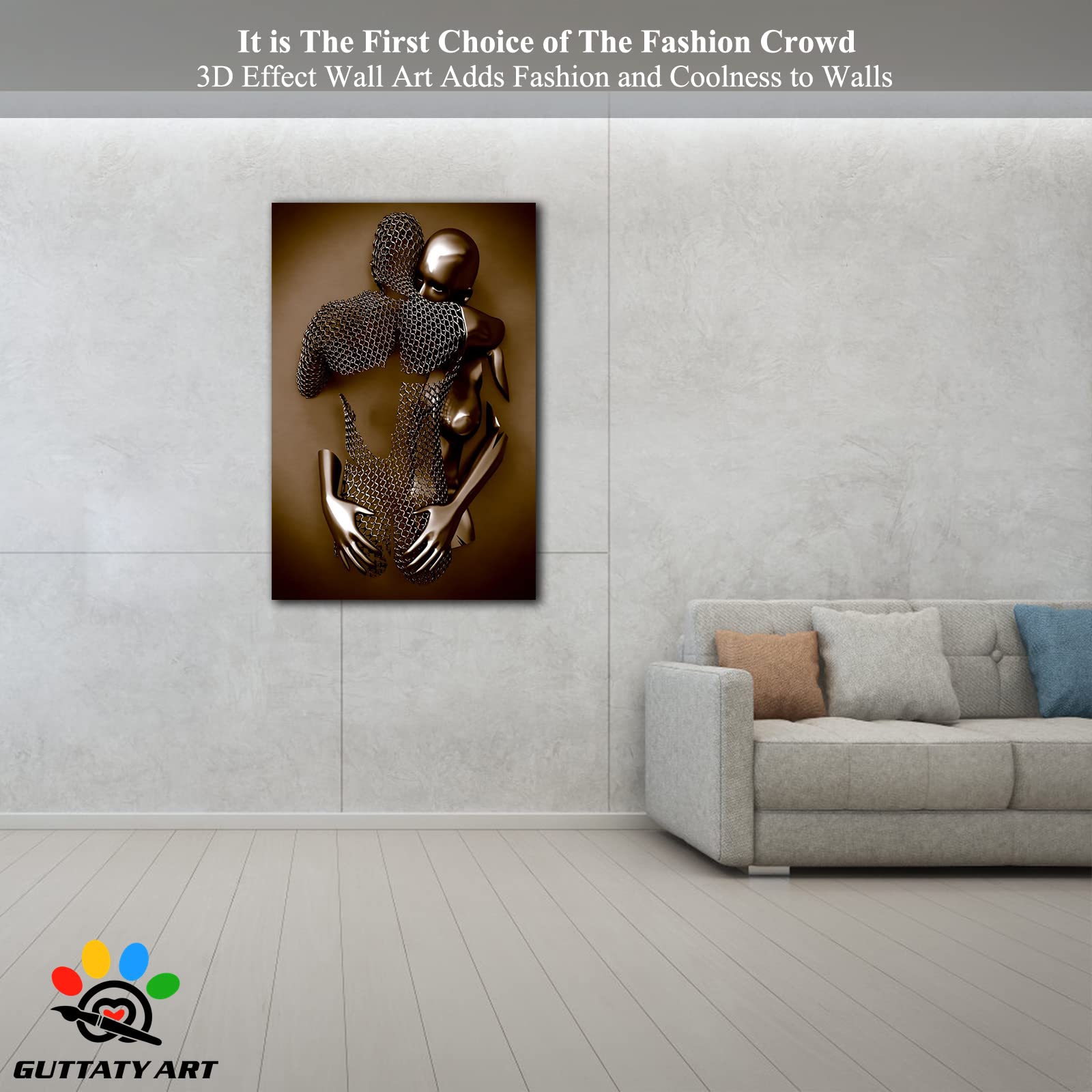 3D Metal Effect Love Heart Gray Wall Art - Romantic Hugging Couple Canvas Painting for Bedroom & Living Room Decor - Valentine's Day Gift for Couples (28x40 Inches) - Perfect for Anniversary, Wedding & Home Interior Design